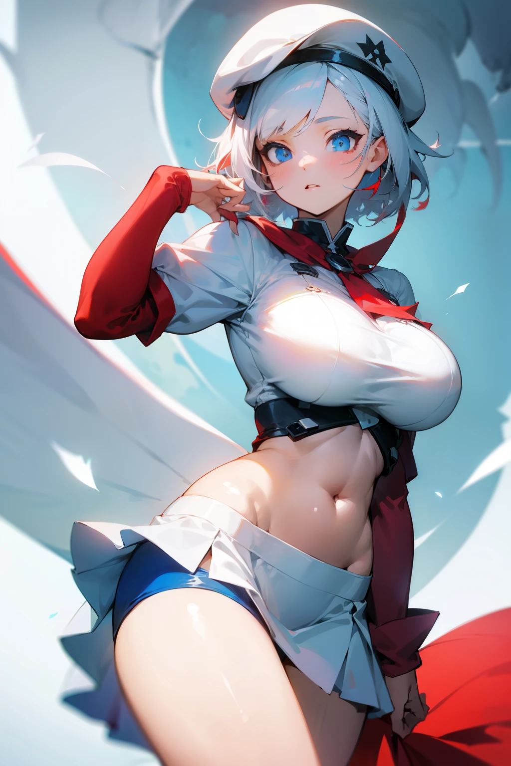 Red bikini、Colossal tits、(((​masterpiece)))、(top-quality)、tre anatomically correct、(Best Quality:1.3), Large breasts, cleavage, shinny skin、silber hair、Soft skin、shorth hair、an anime girl、Bare arms、bared legs、a choker、Put your arms together、Bring your chest together、short-haired