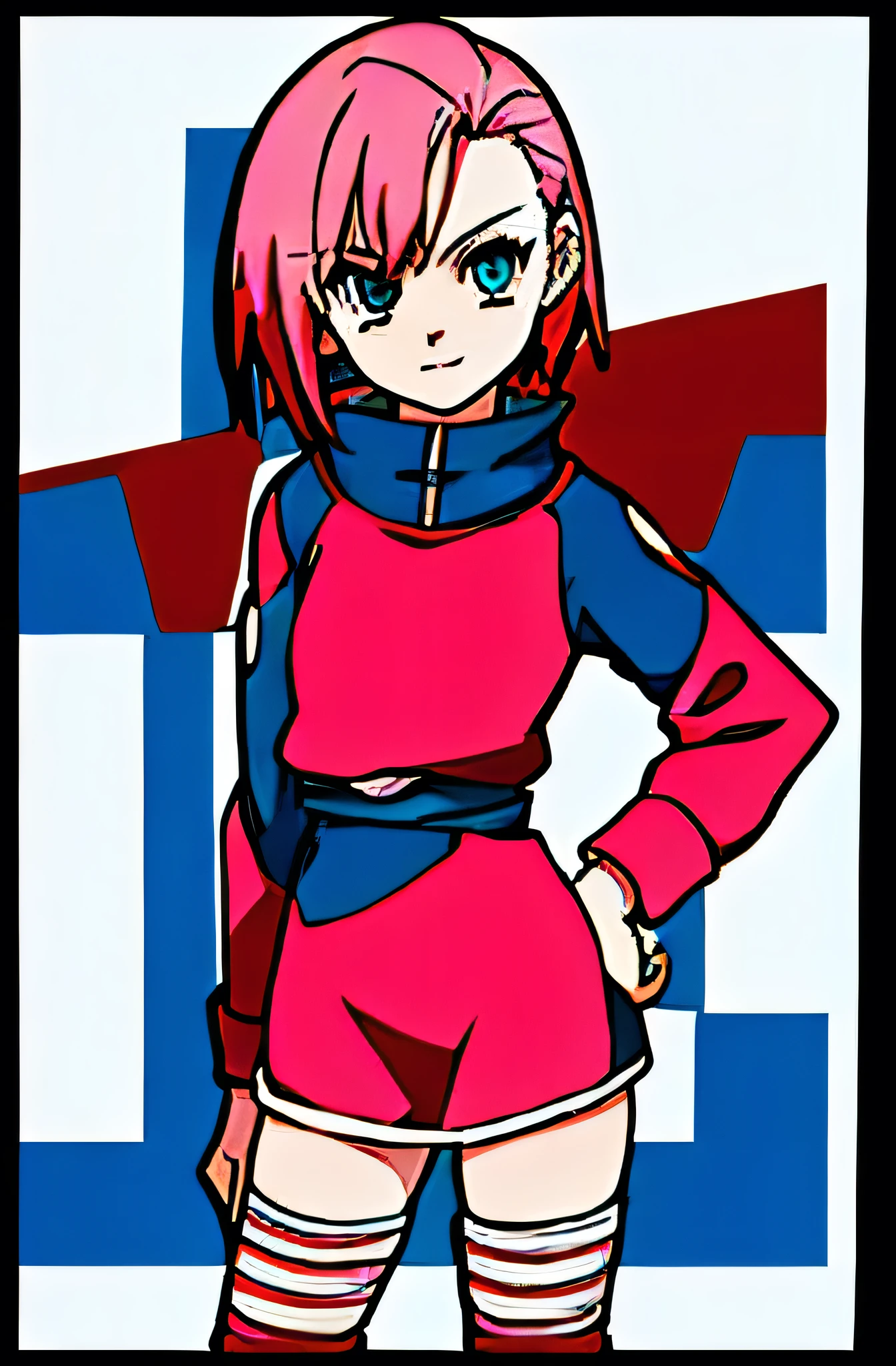 13 year old girl Anime Shonen Style Design,retro clothes, bizarre creative design, short bright pink hair, blue sky eyes, shonen style outfit