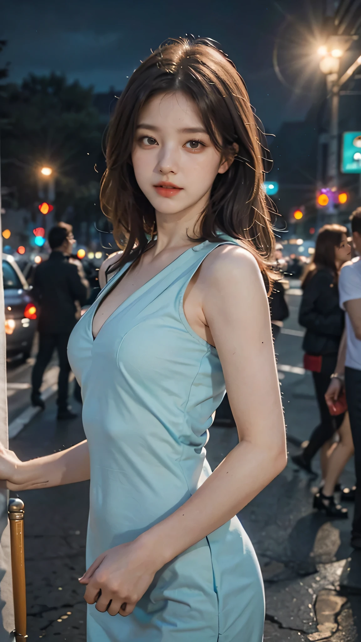 (((A woman posing on a street corner in a light blue sleeveless dress)))、shiny smooth light brown hair, Beautiful sky with details、earrings、(dynamicposes:1.2)、 (The upper part of the body:0.8)、Soft lighting、the wind、glowy skin、a smile、,(eyeshadows:1.3),(eye line:1.3),(mascara:1.3),(Red cheeks:1.3),(Sexy Lipstick:1.1),K-pop idols、hposing Gravure Idol、cowboy shot、(((gal)))、no dress,nude, bra and bikini