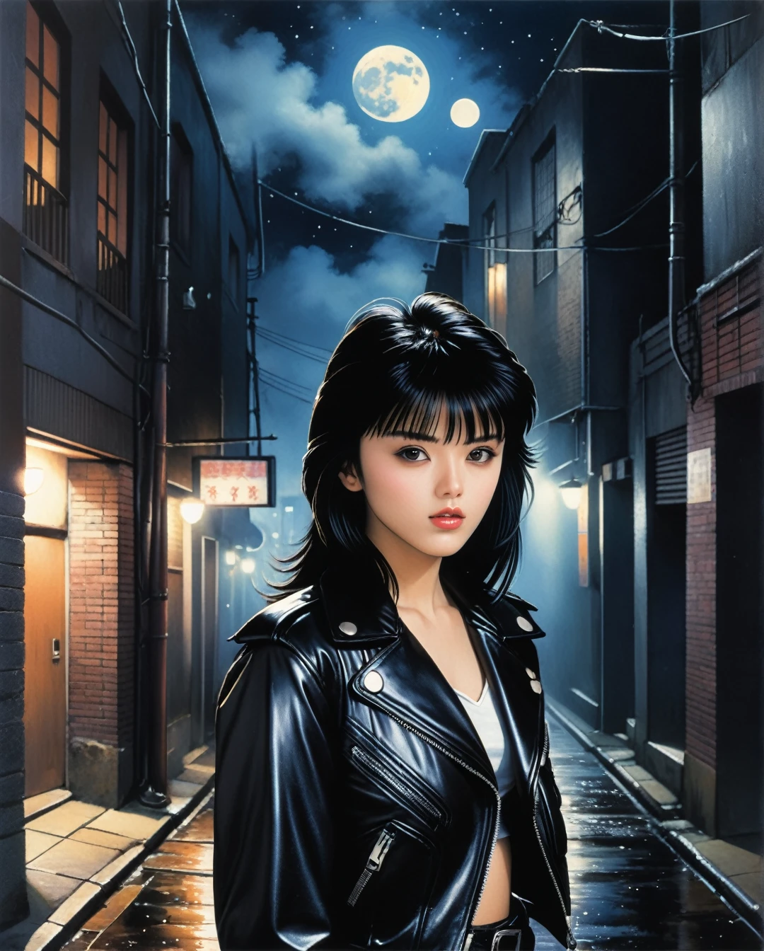 Masterpiece, photorealistic, highly detailed, a young woman with smooth dark long black hair with bangs and black eyes and black lips, wearing leather jacket and leather pants, standing, looking at camera, in a gloomy smoke filled alley at night with a full moon, BREAK, Art style by Yoshiaki Kawajiri and Tsukasa Hojo and Toshihiro Kawamoto - -intricately detailed face - -80s and 90s anime still - -1980s retro anime - -1980s and 1990s anime retro nostalgia -highly detailed profile BREAK, ARISTYLE4, Soft Pastel -depth of field, Cinematic Angles, Dynamic angles, (((masterpiece))), perfect face, ((full body shot)),