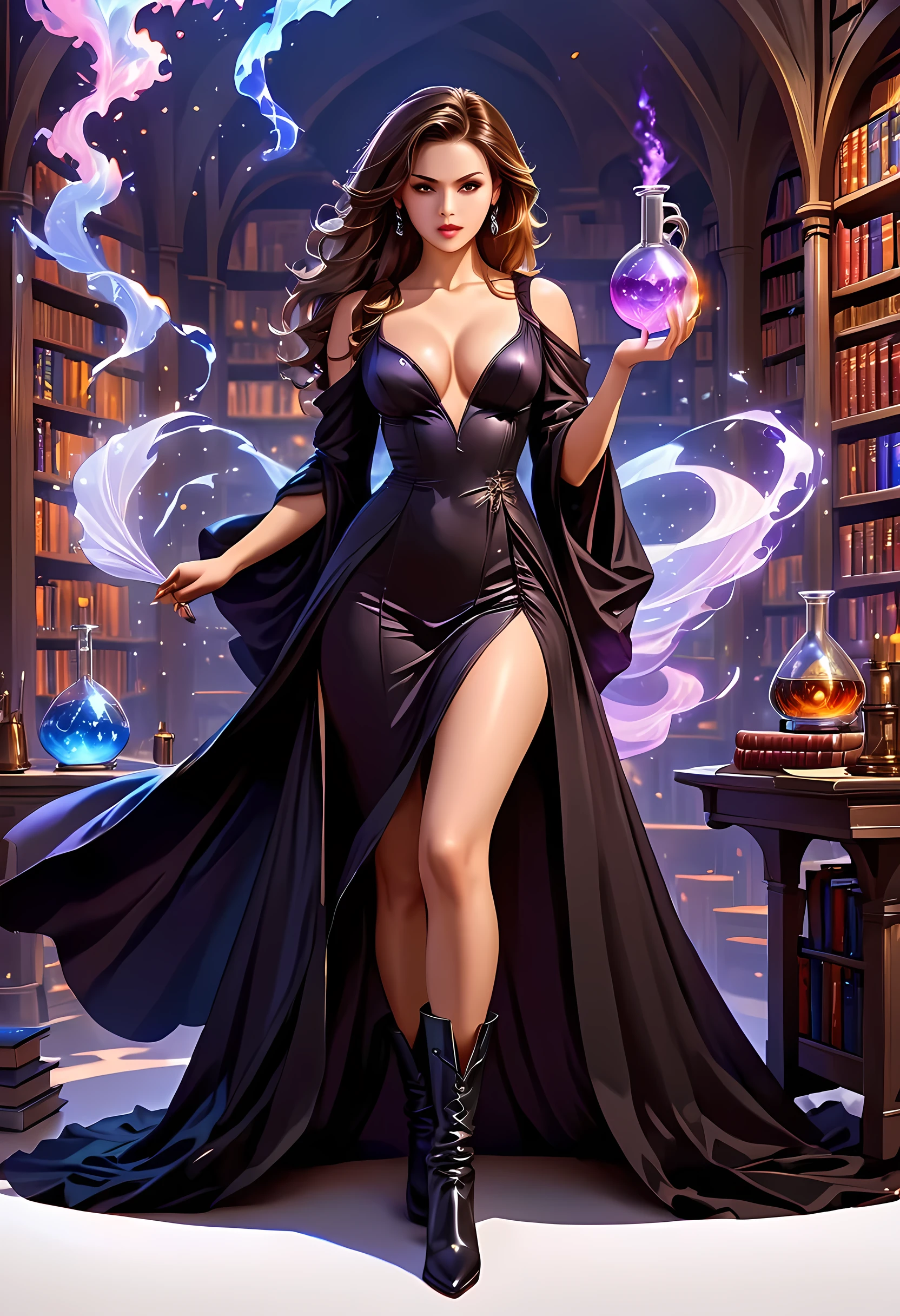 a sorceress casting a AlchemyPunkAI spell in magical library exquisite beautiful human woman ((full body shot: 1.5)), ((anatomically correct: 1.5)) (ultra detailed face: 1.2), dynamic skin complexion, dynamic hair style, dynamic hair color,  she is wearing a long dark dress, intricate dark dress, small cleavage, long white cloak, (high heeled boots: 1.3) fantasy magical laboratory, books, potions, and magical study items,  background,  vibrant, Ultra-high resolution, High Contrast, (masterpiece:1.5), highest quality, Best aesthetics), best details, best quality, highres, 16k, [ultra detailed], masterpiece, best quality, (extremely detailed) RAW,fantasy art, dnd art, fantasy art, realistic art,  (ultra details, Masterpiece, best quality), AlchemyPunkAI, Cinematic Hollywood Film, Intense gaze