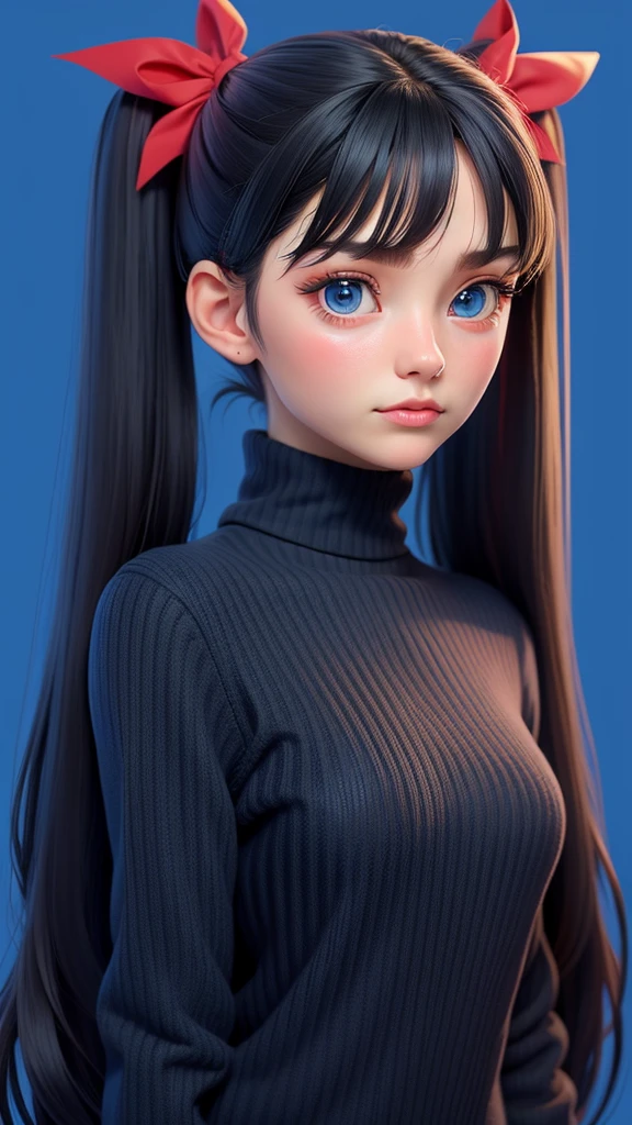 1girl, tohsaka rin, solo, long hair, sweater, red sweater, looking at viewer, blue background, black hair, simple background, two side up, turtleneck, blue eyes, lips, closed mouth, ribbon, hair ribbon, bangs, turtleneck sweater, upper body, parted bangs, black ribbon, ribbed sweater, twintails, nose,