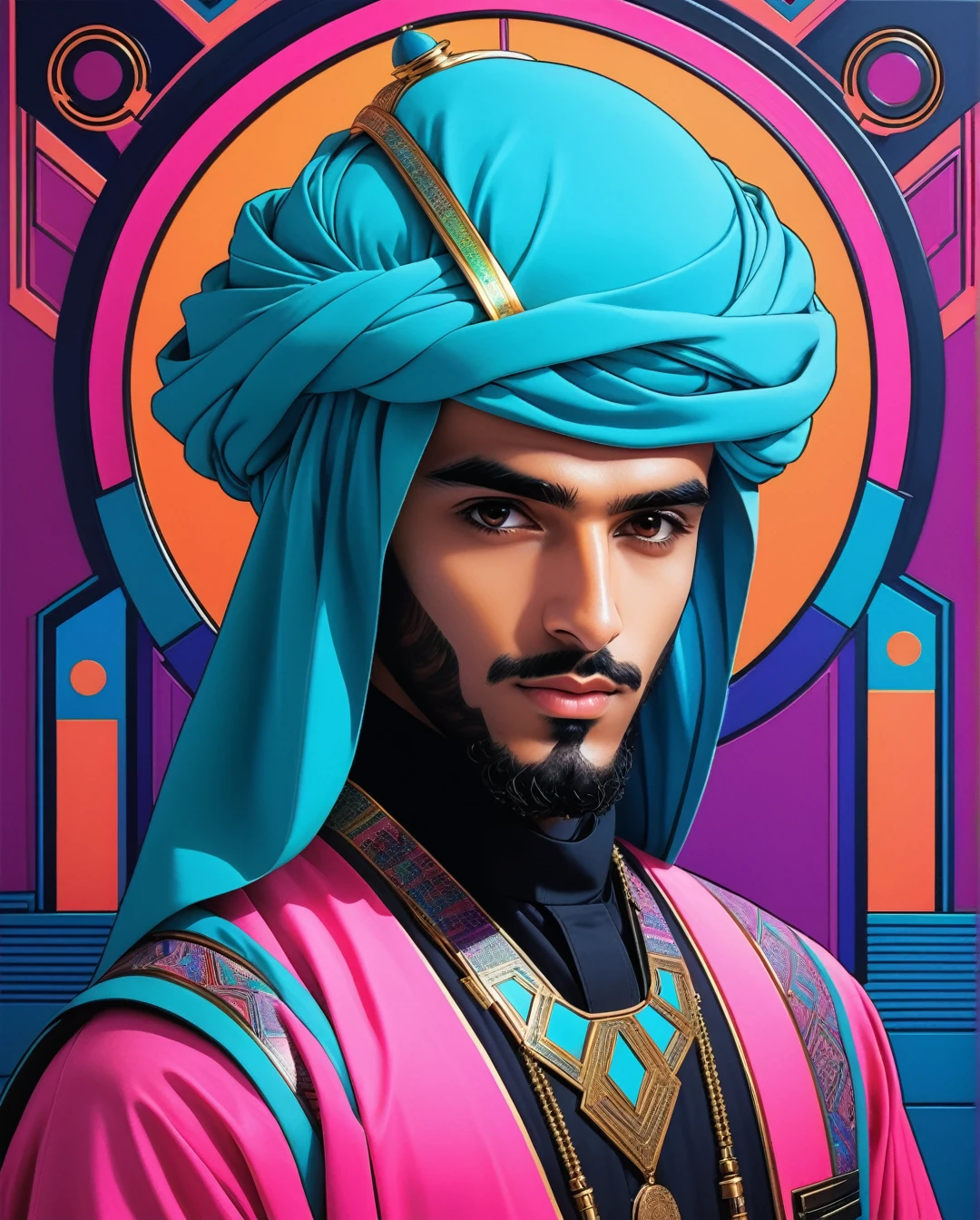 In a futuristic cyberpunk world, a Saudi Arabian man adorned in traditional clothing stands out with a twist of vaporwave aesthetics. This mesmerizing image captures the man in intricate patterns and vibrant colors, blending cultural heritage with modern technology. The artwork, whether it be a digital painting or a photograph, showcases the man's striking juxtaposition of tradition and innovation. Every detail, from the neon accents to the holographic textures, exudes a sense of high-quality artistry that immerses viewers in a unique and visually stimulating experience.