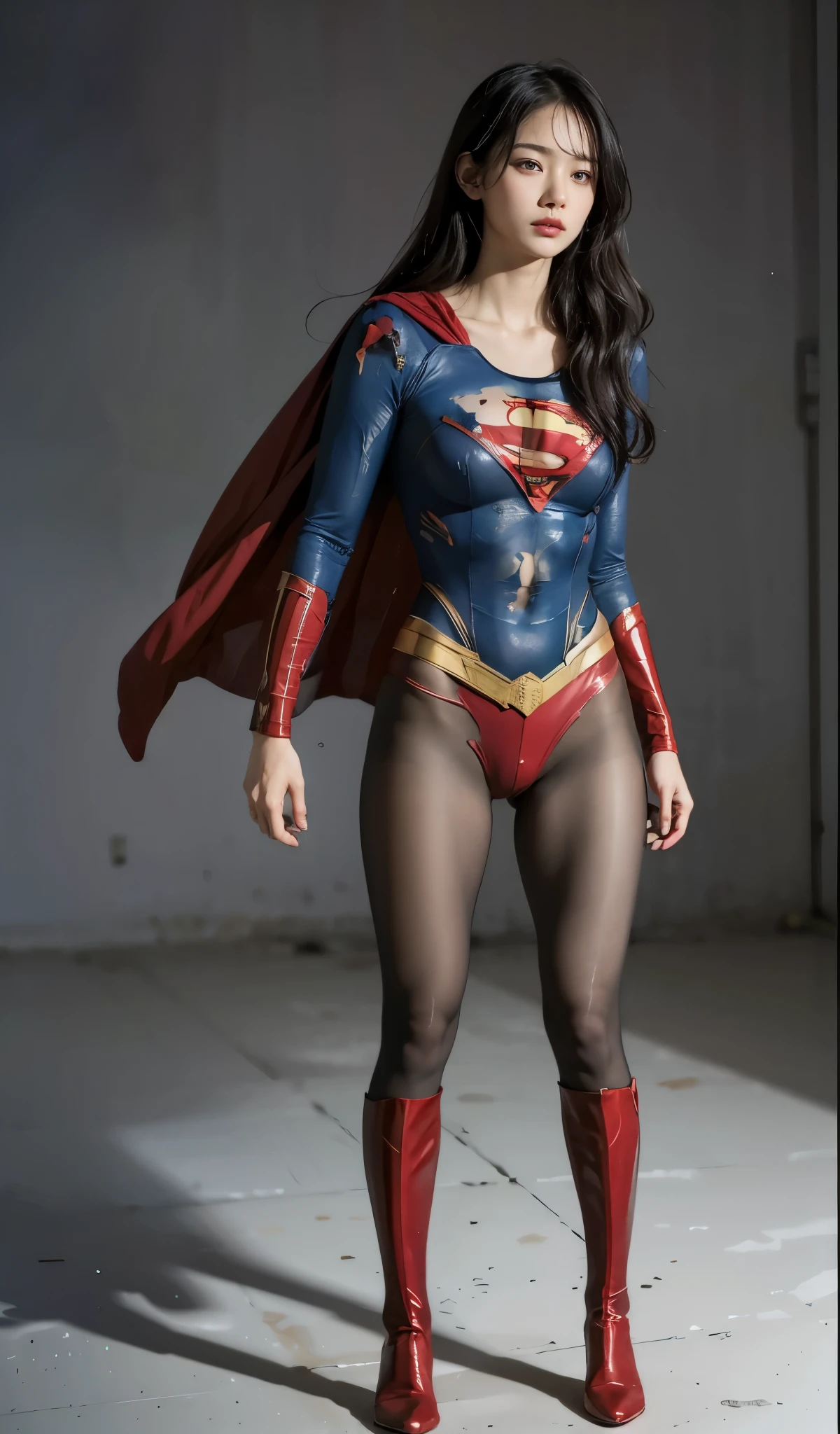 There&#39;To the monster behind、((Superheroine Supergirl, weak position, stand on tiptoe、Hanging))、(((It always looks painful)))、(((Painful expression)))、(((shout)))、(((hands and arms Hanging forward)))、(((expression of suffering、Expressions of anguish)))、(((Beautiful legs in black tights.)))、(((sufferingの美しさを法的に表現する)))、((((Make the most of your original images)))、(((Supergirl&#39;s costume is destroyed)))、(((Beautiful Hair)))、(((suffering)))、(((Beautiful legs need to wear black tight shoes, Wear red boots)))、((Best image quality、8k))、((Highest quality、8k、masterpiece:1.3))、(((Preserve background )))、Sharp focus:1.2、Beautiful woman with perfect figure:1.4、Thin abdominal muscles:1.2、Wet body:1.5、Highly detailed face and skin texture、8k