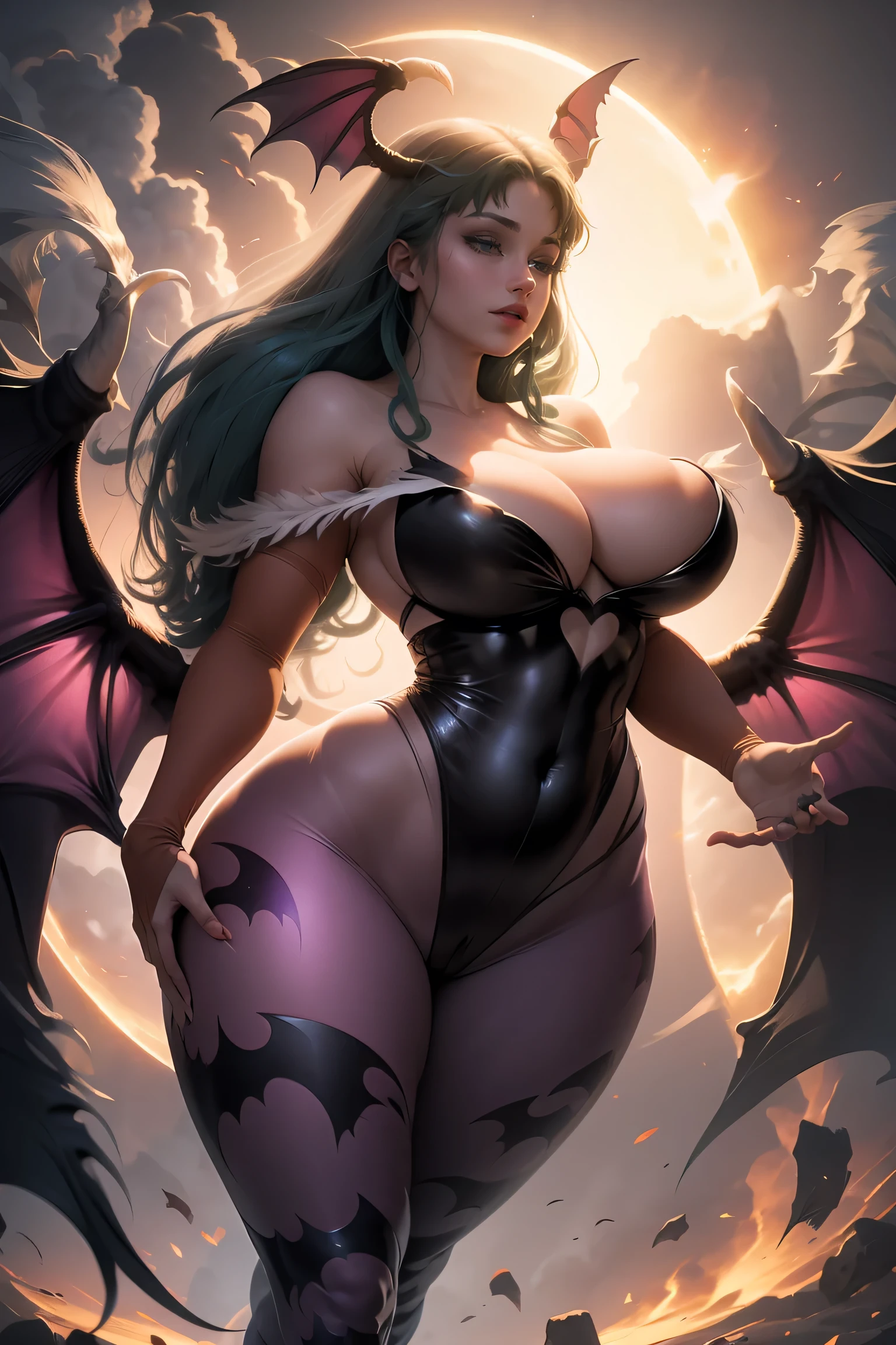 Beautiful Morrigan goddess of the night with big breasts and big hips against full moon and darkness