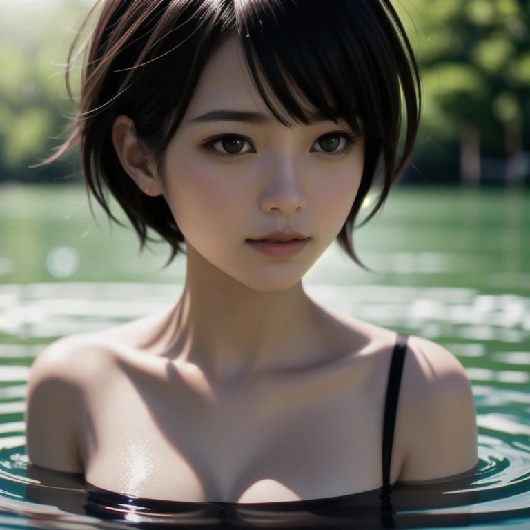 Beautiful Young Female ,Short hair ,Lake, extremely delicate and beautiful,Outstanding light and shadow, highly detailed wallpaper,Clear and bright sunlight, Professional portrait, Semi-nude photography, close up portrait of bathing in a lake, reeds, (backlighting) Sparkling water surface, masterpiece, Soaked in water, Wearing red Beltbra, Upper breasts, lens flare, Shade, bloom, [chromatic aberration], by Jeremy Lipking, by Antonio J. Manzanedo, digital painting, (((Misako Renbutsu))) 8K TopQuality