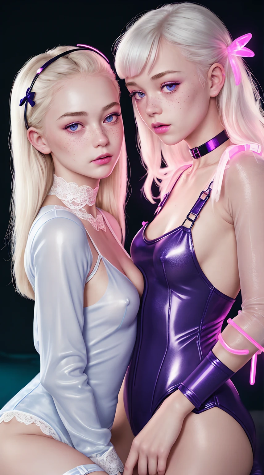 A realistic rendering of an Anne Anderson style illustration of a very close shot, ultra close shot on the breasts of two girls, 2 pert, nubile, thin, freckled girls with 50s style, platinum blonde hair, bows in hair, slight smile, topless, best quality, tiny breasts, bare breasts, small breasts, bare crotch, exposed crotch, pink nipples , puffy nipples , exposed nipples , wearing glowing, neon, violet, plastic body armor, clear violet plastic armor, glowing, neon, violet, plastic body harness, glowing, neon, violet, plastic body cage, glowing, neon, violet bondage straps, black, spiked choker necklace, black leather jacket, a silver chain wrapped around body, open, white blouse, white lace collar, pastel lace, pastel lace straps under nipples, pastel lace straps under breasts, open light blue, fuzzy sweater, undressing,
uniform, partially clothed, sitting in a bondage harness swing, in a darkened, pink, neon lit, 1950s teenl's bedroom, glowing pink, neon lights, full of bondage straps,, ultra close shot on breasts
