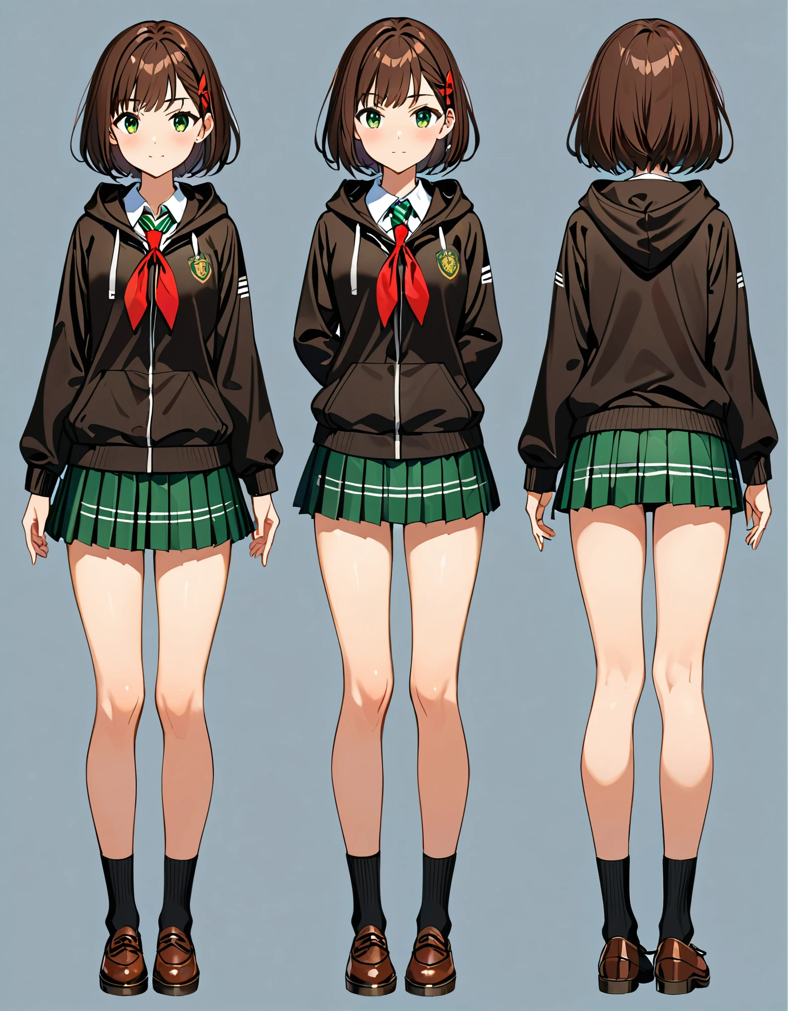 1girl, high school student, dark brown hoodie jacket, white shirt, red ribbon bow necktie, pleated skirt, miniskirt, bare legs, black socks, brown shoes, jet black hair, short hair, green eyes, beautiful detailed eyes, beautiful detailed face, cute face, medium breasts, -18, solo, solo focus. Full body costume design. Simple background, Multiple Views, Character Sheet Full-Length.