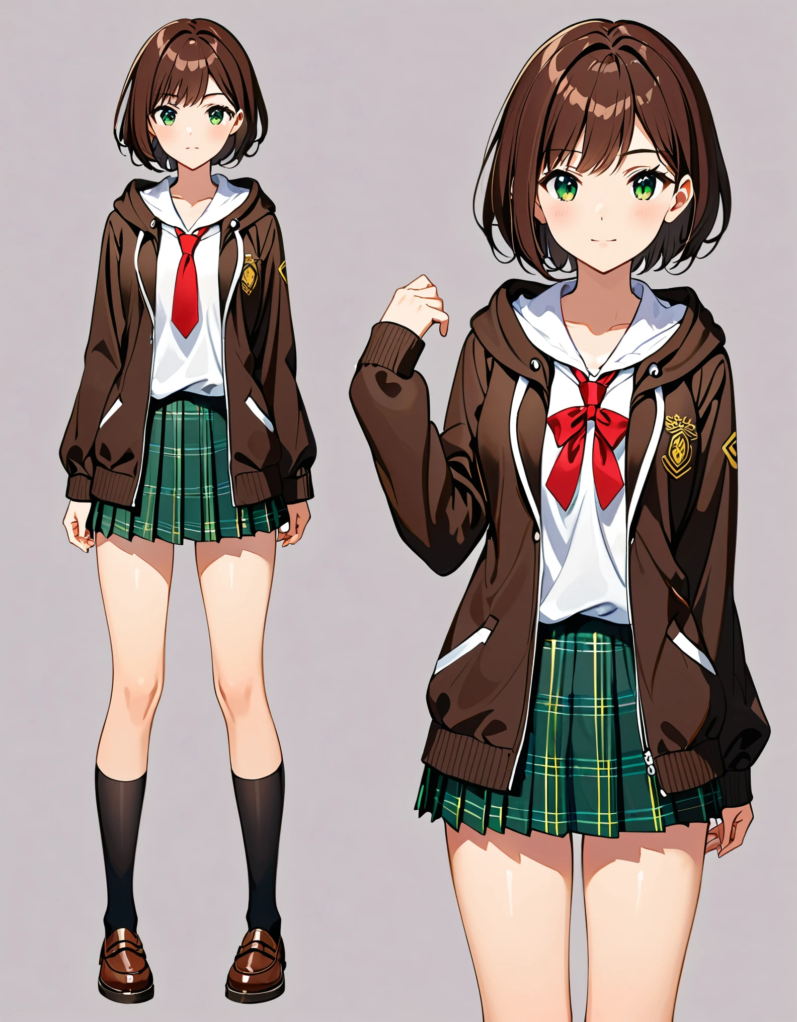 1girl, high school student, dark brown hoodie jacket, white shirt, red ribbon bow necktie, pleated skirt, miniskirt, bare legs, black socks, brown shoes, jet black hair, short hair, green eyes, beautiful detailed eyes, beautiful detailed face, cute face, medium breasts, age 16-18, solo, solo focus. Full body costume design. Simple background, Multiple Views, Character Sheet Full-Length.