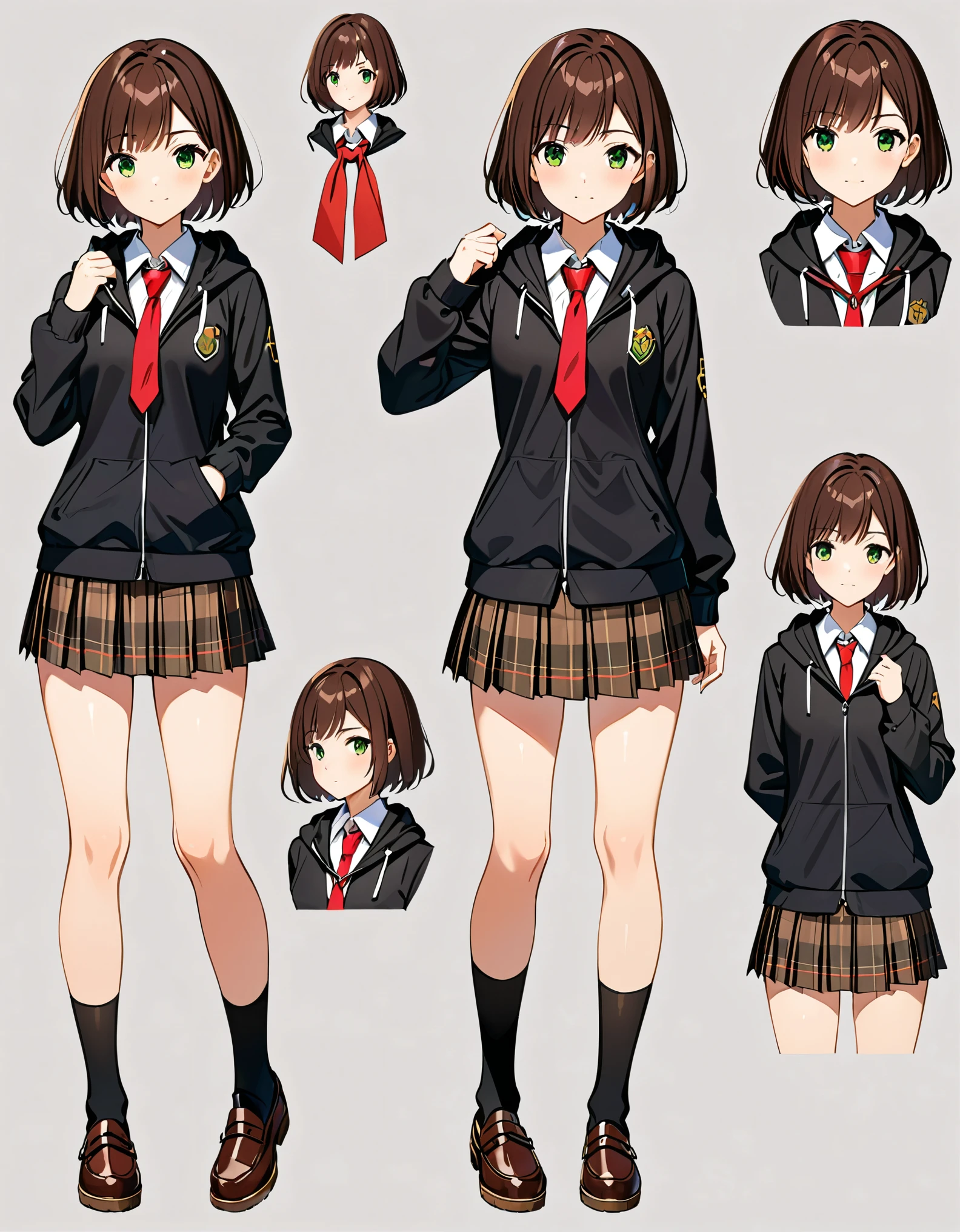 1girl, high school student, dark brown hoodie jacket, white shirt, red ribbon bow necktie, pleated skirt, miniskirt, bare legs, black socks, brown shoes, jet black hair, short hair, green eyes, beautiful detailed eyes, beautiful detailed face, cute face, medium breasts, age 16-18, solo, solo focus. Full body costume design. Simple background, Multiple Views, Character Sheet Full-Length.