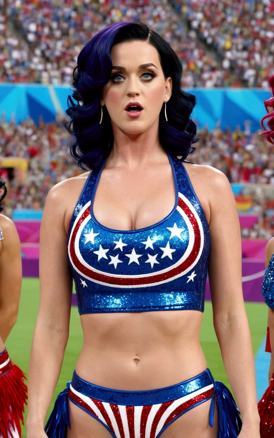 (Sexy),Katy Perry, Lacrose in the Olympic games, midriff, cleavage, Olympic games, detailed background, Realistic, Movie Still, best quality, masterpiece, very sexy aesthetic, lovely hair, perfect composition, intricate details, ultra-detailed,