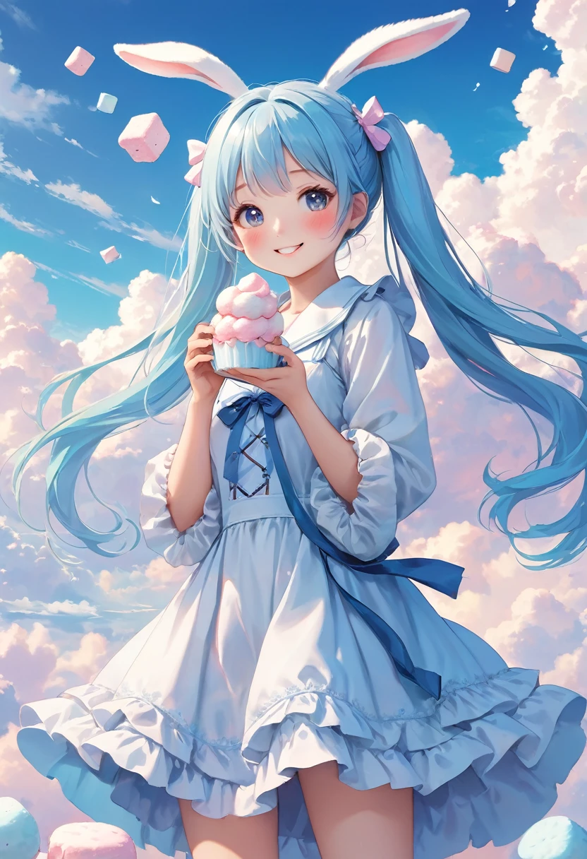 fluffy, soft ((Highest quality)), ( Very detailed, Best details, Official Art, Beauty and aesthetics: 1.2), Depth of the written border, composition, whole body, (a bit), (Beautiful and detailed: 1.3), (wonderful:1), Colorful clouds blurred background、Bunny Morphing Girl, fluffy, soft ((Highest quality)), ( Very detailed, Best details, Official Art, Beauty and aesthetics: 1.2), Depth of the written border, composition, whole body, (a bit), (Beautiful and detailed: 1.3), (wonderful:1), Colorful clouds blurred background,One girl, Beautiful girl with long light blue hair and twin tails, eating fluffy marshmallows, bright smile, white fluffy costume