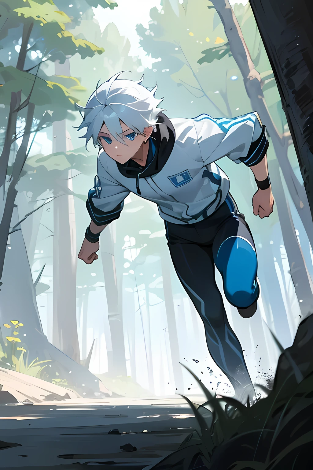 16 year old boy white hair-blue eyes ,working out, outdoors in the forest running into a girl with white hair and blue eyes , hd quality, Super detailed, High quality