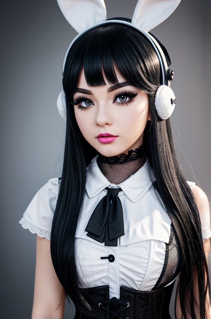 generate me a roblox anime style profile photo of a cute white girl.black corset with white eyelashes and black bunny ears and police hat and mesh on the arms with eyes with shadows and makeup and long black hair and outlined lips with enough gloos and background of a photo studio