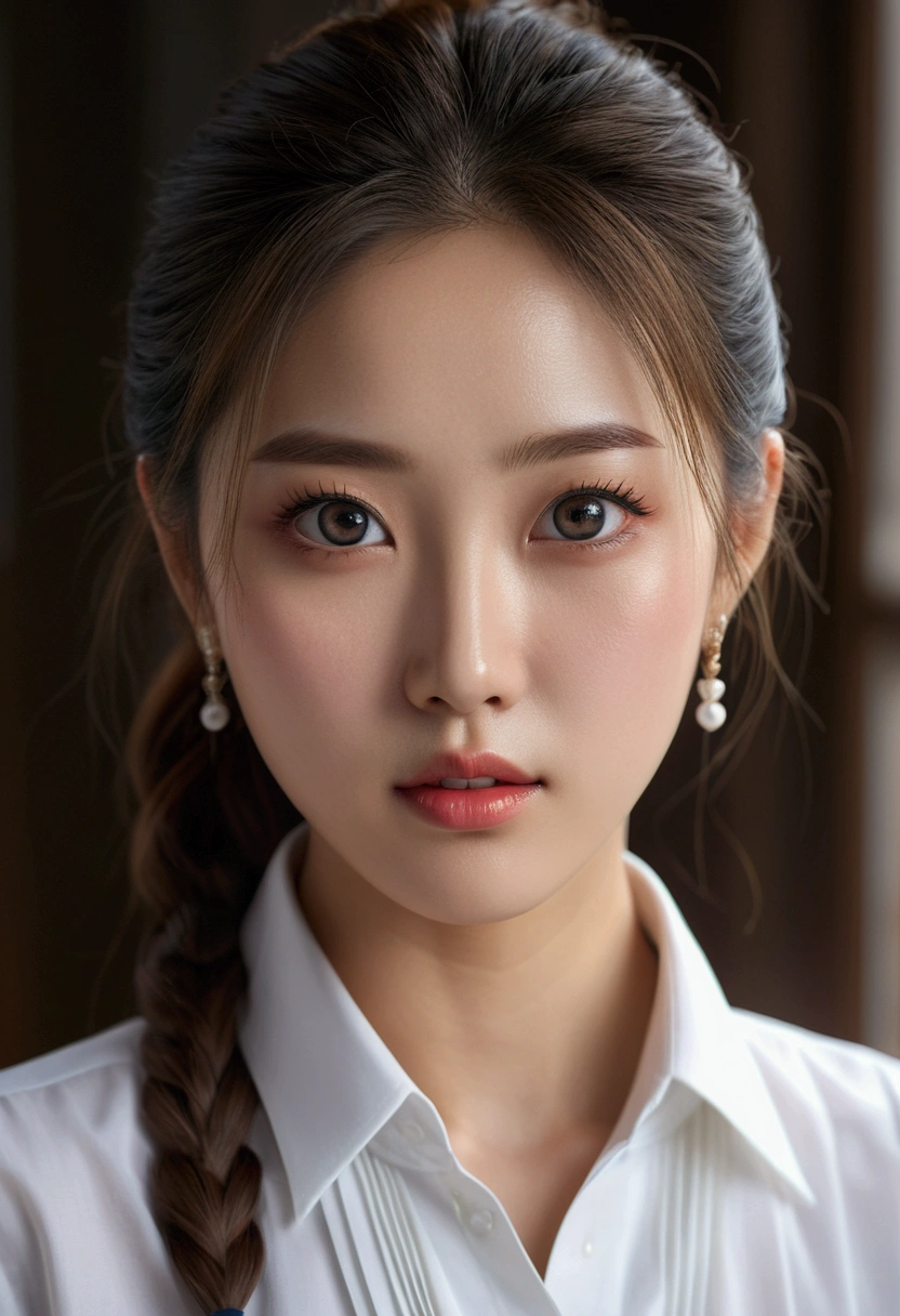 a beautiful korean girl, 1girl, detailed eyes, detailed nose, detailed lips, long ponytail, white shirt, exposed cleavage, pleated skirt, big eyes, (best quality,4k,8k,highres,masterpiece:1.2),ultra-detailed,(realistic,photorealistic,photo-realistic:1.37),detailed portrait, delicate features, elegant, feminine, charming, 