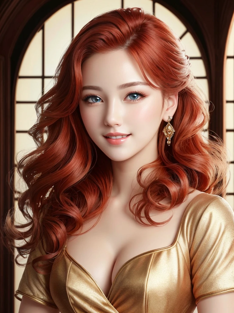 ( Absurd, High quality, ultra-detailed, masterpiece, concept art, smooth, highly detailed artwork, hyper-realistic painting ) reddish orange hair , very alluring eyes , sweet smile , transparent dress, historical goddness , curl long hair , cute and sexy , gorgeous face 