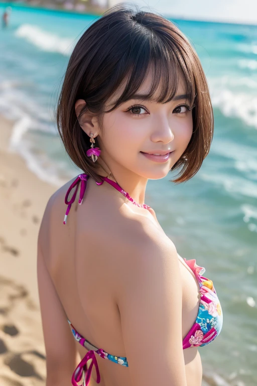 girl, White skin, ((Dark brown short tiered hair)), (Dark brown short hair),V cut with layers and bangs, Brown eyes, Soft atmosphere characteristics (Highest quality, Ultra-high resolution, 8k, RAW Photos, Ultra-high resolution: 1.2, masterpiece: 1.3), (Realistic, Realistic: 1.37), Very detailed, Professional Lighting, Photon Mapping, Radio City, 物理ベースレンダring, One Girl, (high school girl), Sharp focus:1.2、Beautiful woman:1.4,cute, Nice,(Adorable smile:1.2), Normal chest, Cross Necklace、Earrings、ring,(Cleavage)、(((Cute colorful micro bikini with frilly floral pattern,(Looking at camera:1.2),Looking back,on Waikiki beach))),(Selfie:1.2)