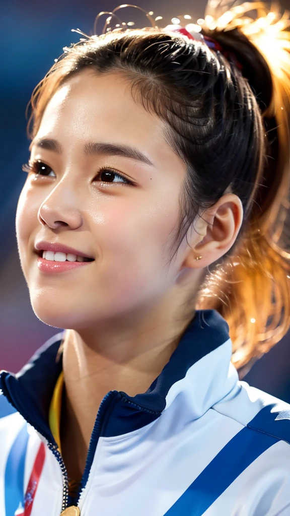 1 girl, in olympic jacket:1.2, ponytail, crying:1.3, touching, smiling, close eyes, kissing gold medal:1.3, high resolution, high detail, detailed face, emotional, 8k, best quality, realistic, cowboy shot:1.2 cinematic lighting, light from the back, bokeh, tearing up:1.3, gold medal:1.3, blue leggings:1.2, droplets on her cheeks:1.3