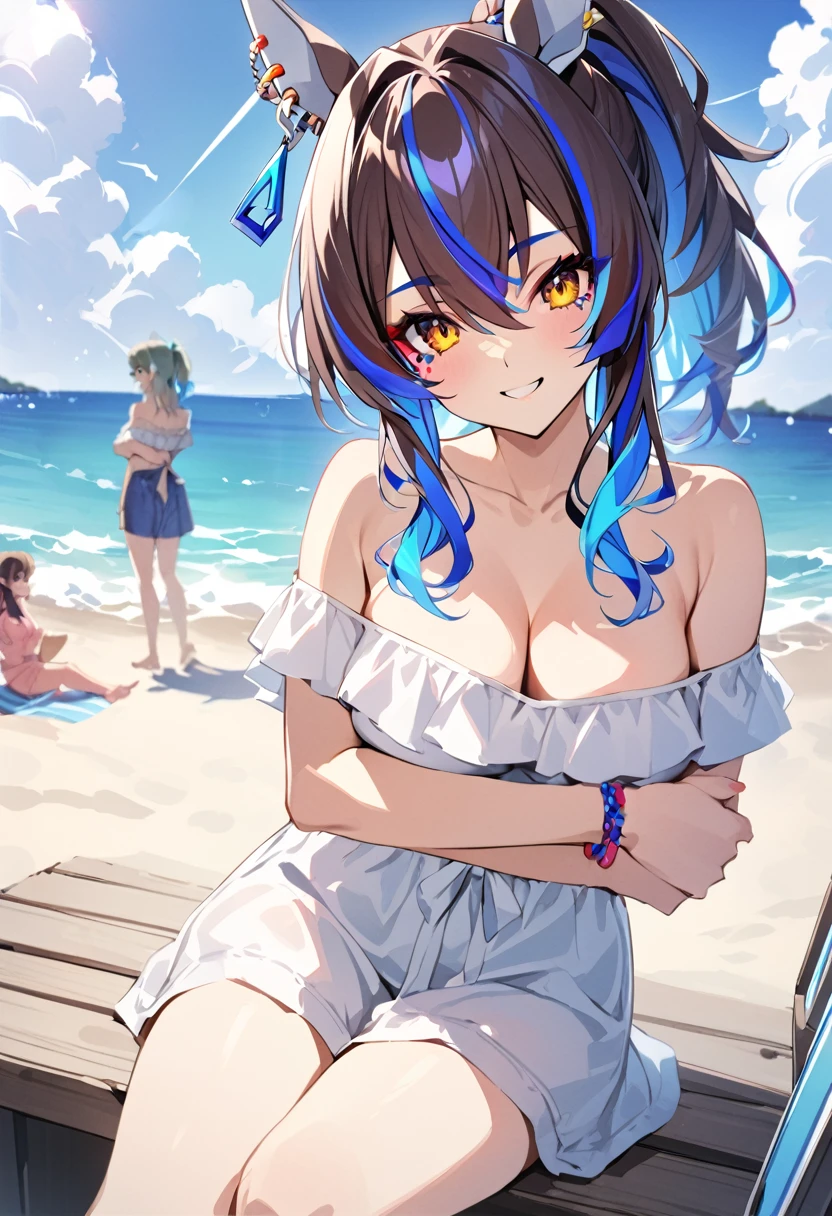 Highest quality、masterpiece、High resolution、masterpiece、Horse Girl、Daitaku Helios、Gal Makeup、smile、Casual clothing、slouch、Arms crossed、Cleavage、topless、summer、Beach、colorful、