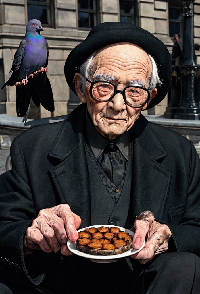 a elderly man wearing a black jacket and glasses, sitting and feeding pigeons, highly detailed, photorealistic, canon r50 camera, 50mm lens, 4k resolution