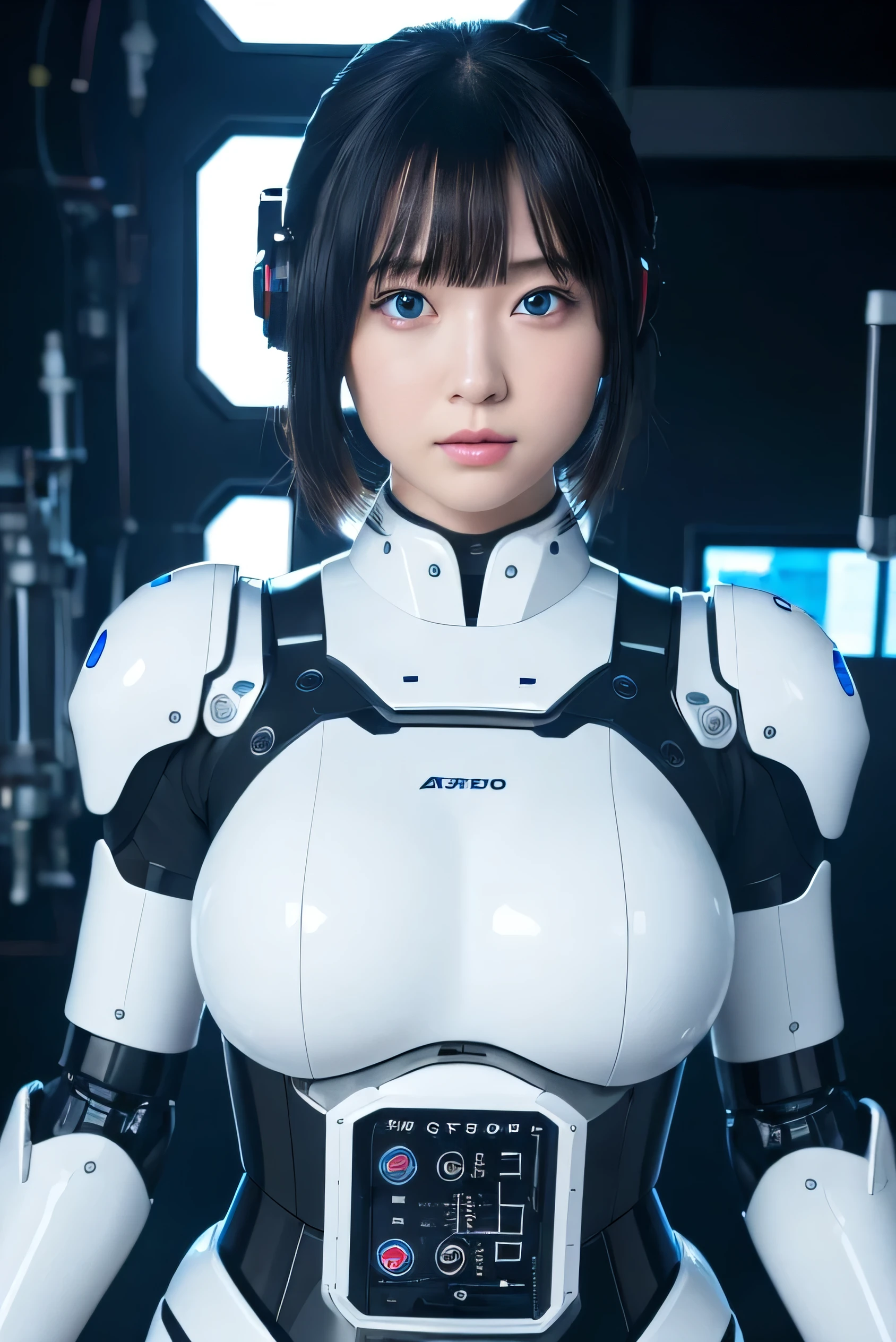 masterpiece, best quality, extremely detailed, Japaese android girl,Plump , control panels,android,Droid,Mechanical Hand, ,Robot arms and legs, Black hair,Mechanical body,Blunt bangs,White Robotics Parts,perfect robot woman,Charging spot,perfect mechanical body,white robotics body,android assembly plant,white body,She has repaired,black sponge joints,android,laboratory,perfect machine body,white robot body,blue eyes
