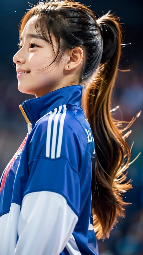 1 girl, in olympic jacket:1.2, ponytail, crying:1.3, touching, smiling, close eyes, kissing gold medal:1.3, high resolution, high detail, detailed face, emotional, 8k, best quality, realistic, cowboy shot:1.2 cinematic lighting, light from the back, bokeh, tearing up:1.3, gold medal:1.3, blue leggings:1.2, droplets on her cheeks:1.3