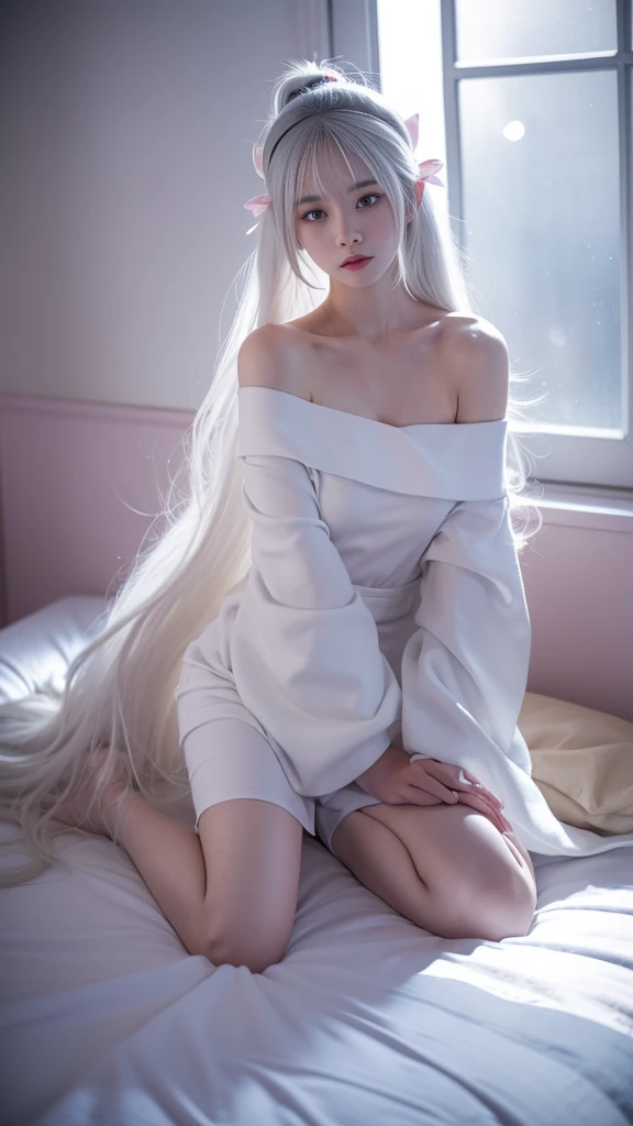 Kasugano Sora,Long white hair,Double tail,Headband,Hair accessories, (masterpiece, best quality:1.2), 1 Girl, Solitary, ((Off-shoulder clothes)), Deep in Wonderland，Moonlight falls like water，Foggy Room，The heroine&#39;s figure is vaguely visible，Like a fairy in a painting，Slender sexy legs，Very beautiful legs，Leaking sexy legs，Large Breasts，美丽而又带着一丝mystery的色彩。Her face is beautiful and delicate，Like a finely carved jade，Showing extraordinary beauty。The eyebrows are so pretty，The waves in my eyes are like twinkling stars，Show the light of perseverance and wisdom。The bridge of the nose is straight，Cherry lip color，The slightly upturned corners of the mouth reveal confidence and calmness。Her face is chiseled，Skin like jade，Reveal healthy glow，Just like fairies, She never eats worldly fireworks。Her makeup is light and delicate，No excessive embellishment，But it is enough to show her temperament and charm。Light foundation highlights the translucence of the skin，A light eyebrow pencil outlines her perfect eyebrow shape，Eye makeup is eye shadow and eyeliner，Make her eyes brighter、Energetic。嘴唇涂上grace的口红，Add a touch of charm and sophistication。她的衣服grace别致，Clothes fluttering，As if the wind will blow it up at any time，Drifting away。既不失grace，She also showed her extraordinary ball skills。Swaying with her movements。Her hair was tied back casually.，Secure with a jade hairpin，A few strands of hair fluttering gently in the wind，Add a touch of softness。Her figure looms in the fairyland，宛如一道Large Breasts美丽的风景线，Attracted everyone&#39;s concern。She seems like a fairy in wonderland，Large Breasts美丽、grace、mystery、Full of power。