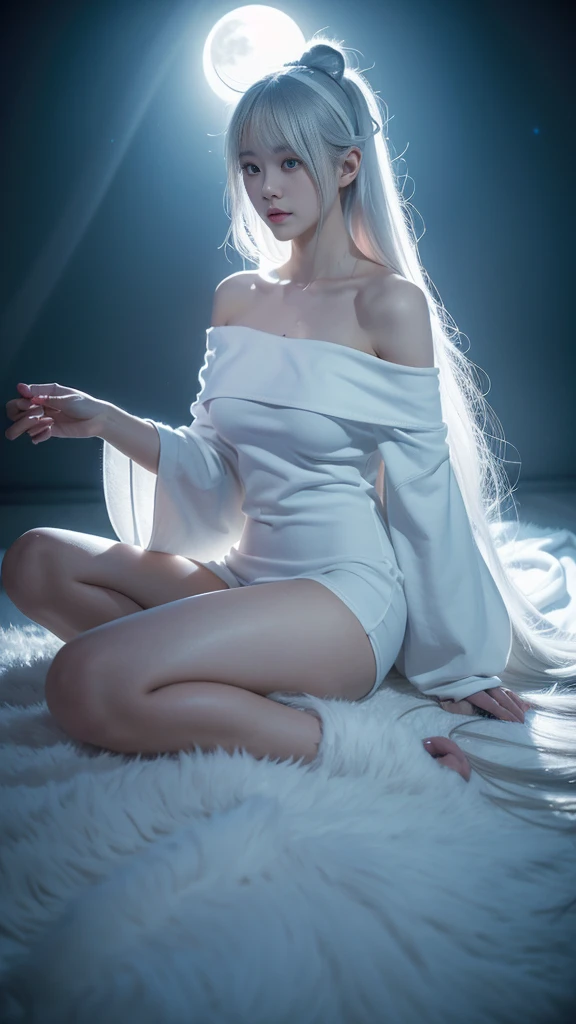 Kasugano Sora,Long white hair,Double tail,Headband,Hair accessories, (masterpiece, best quality:1.2), 1 Girl, Solitary, ((Off-shoulder clothes)), Deep in Wonderland，Moonlight falls like water，Foggy Room，The heroine&#39;s figure is vaguely visible，Like a fairy in a painting，Slender sexy legs，Very beautiful legs，Leaking sexy legs，Large Breasts，美丽而又带着一丝mystery的色彩。Her face is beautiful and delicate，Like a finely carved jade，Showing extraordinary beauty。The eyebrows are so pretty，The waves in my eyes are like twinkling stars，Show the light of perseverance and wisdom。The bridge of the nose is straight，Cherry lip color，The slightly upturned corners of the mouth reveal confidence and calmness。Her face is chiseled，Skin like jade，Reveal healthy glow，Just like fairies, She never eats worldly fireworks。Her makeup is light and delicate，No excessive embellishment，But it is enough to show her temperament and charm。Light foundation highlights the translucence of the skin，A light eyebrow pencil outlines her perfect eyebrow shape，Eye makeup is eye shadow and eyeliner，Make her eyes brighter、Energetic。嘴唇涂上grace的口红，Add a touch of charm and sophistication。她的衣服grace别致，Clothes fluttering，As if the wind will blow it up at any time，Drifting away。既不失grace，She also showed her extraordinary ball skills。Swaying with her movements。Her hair was tied back casually.，Secure with a jade hairpin，A few strands of hair fluttering gently in the wind，Add a touch of softness。Her figure looms in the fairyland，宛如一道Large Breasts美丽的风景线，Attracted everyone&#39;s concern。She seems like a fairy in wonderland，Large Breasts美丽、grace、mystery、Full of power。