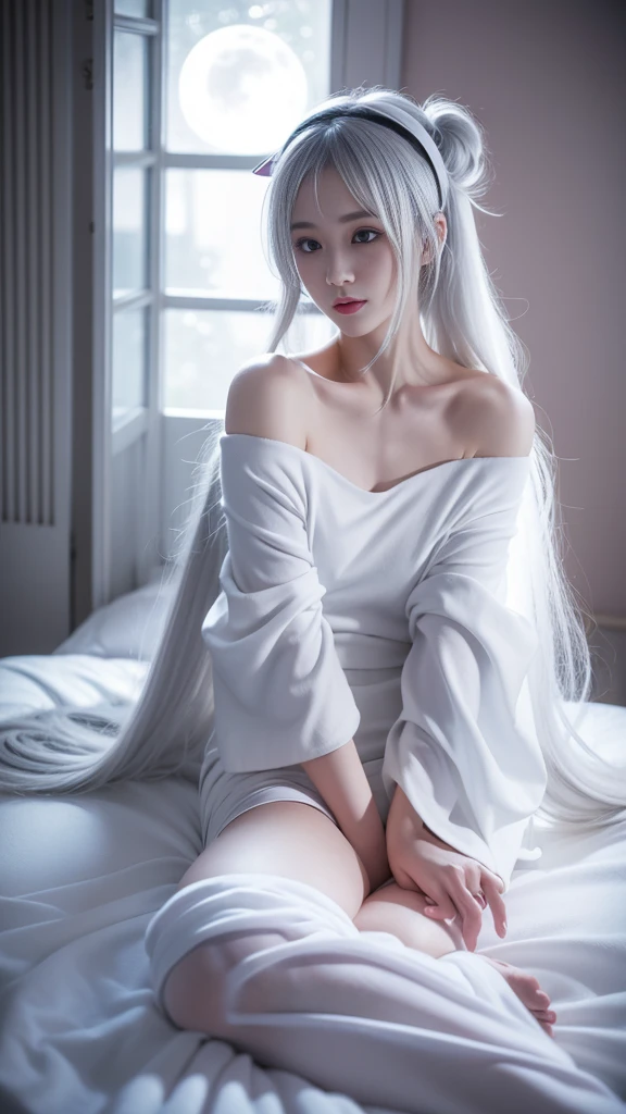 Kasugano Sora,Long white hair,Double tail,Headband,Hair accessories, (masterpiece, best quality:1.2), 1 Girl, Solitary, ((Off-shoulder clothes)), Deep in Wonderland，Moonlight falls like water，Foggy Room，The heroine&#39;s figure is vaguely visible，Like a fairy in a painting，Slender sexy legs，Very beautiful legs，Leaking sexy legs，Large Breasts，美丽而又带着一丝mystery的色彩。Her face is beautiful and delicate，Like a finely carved jade，Showing extraordinary beauty。The eyebrows are so pretty，The waves in my eyes are like twinkling stars，Show the light of perseverance and wisdom。The bridge of the nose is straight，Cherry lip color，The slightly upturned corners of the mouth reveal confidence and calmness。Her face is chiseled，Skin like jade，Reveal healthy glow，Just like fairies, She never eats worldly fireworks。Her makeup is light and delicate，No excessive embellishment，But it is enough to show her temperament and charm。Light foundation highlights the translucence of the skin，A light eyebrow pencil outlines her perfect eyebrow shape，Eye makeup is eye shadow and eyeliner，Make her eyes brighter、Energetic。嘴唇涂上grace的口红，Add a touch of charm and sophistication。她的衣服grace别致，Clothes fluttering，As if the wind will blow it up at any time，Drifting away。既不失grace，She also showed her extraordinary ball skills。Swaying with her movements。Her hair was tied back casually.，Secure with a jade hairpin，A few strands of hair fluttering gently in the wind，Add a touch of softness。Her figure looms in the fairyland，宛如一道Large Breasts美丽的风景线，Attracted everyone&#39;s concern。She seems like a fairy in wonderland，Large Breasts美丽、grace、mystery、Full of power。