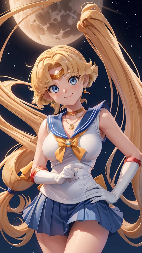  sailor senshi uniform, SMMoon, 1990s \(style\), blonde hair, blue skirt, elbow-length gloves, tiara, pleated skirt , blue sailor necklace, miniskirt, Showing armpits and pussy half naked, smiling, big breast.