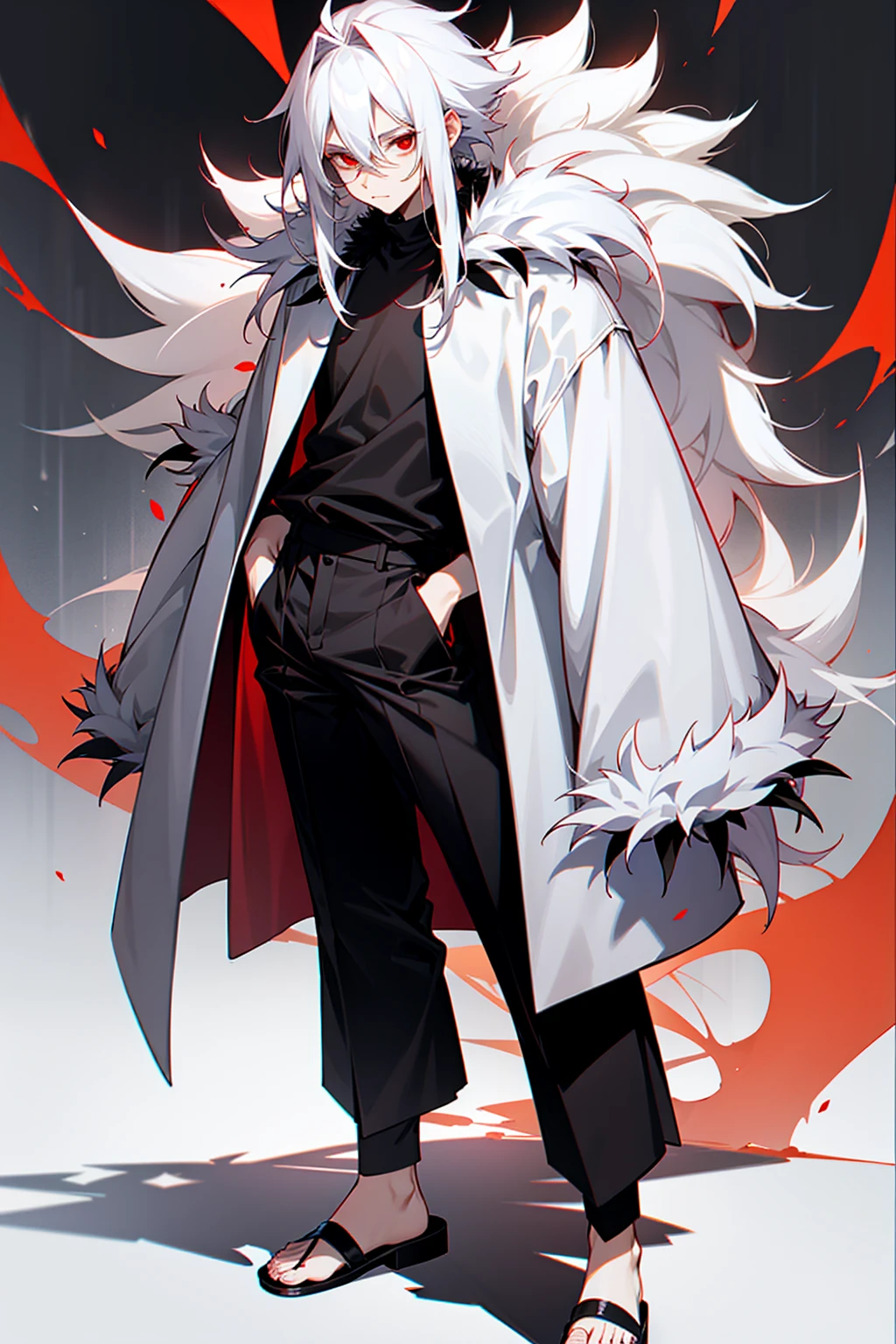 1male, Adult, Long White Hair, Spikey Hair, White Fur Coat, Black Shirt, Sandals, Baggy Black Pants, Red Eyes, Standing on Path, Neutral Face