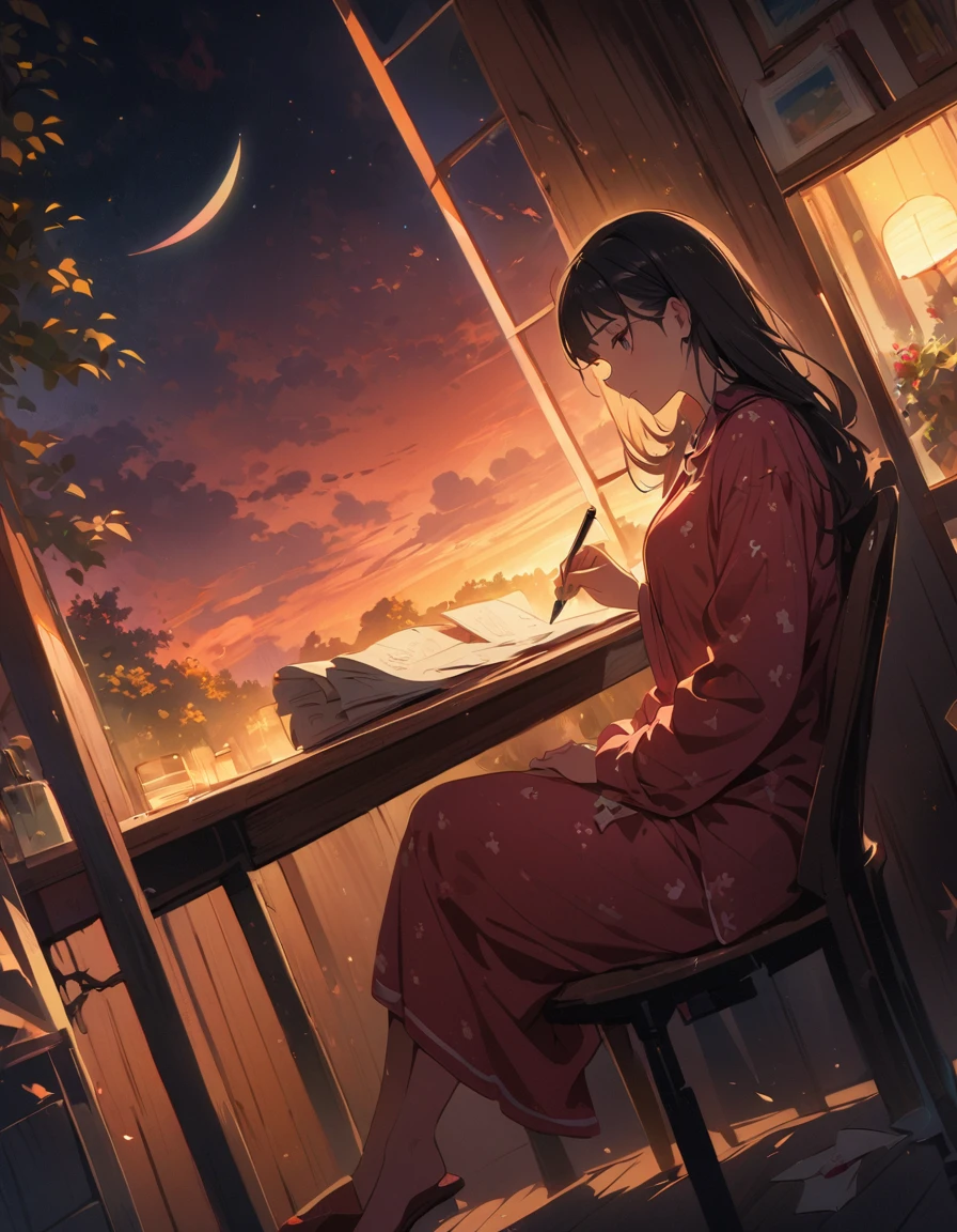 Detailed textures, high quality, high resolution, high accuracy, realism, color correction, correct lighting settings, harmonious composition. anime style, super fine illustration, highly detailed, dynamic angle, beautiful detailed, 8k, On a summer night, inside a room, BREAK a girl sits on a chair at a desk, writing a letter with a ballpoint pen. She wears pajamas and has a bashful expression. BREAK Through the window, a crescent moon shines, and an owl is perched on a tree branch.