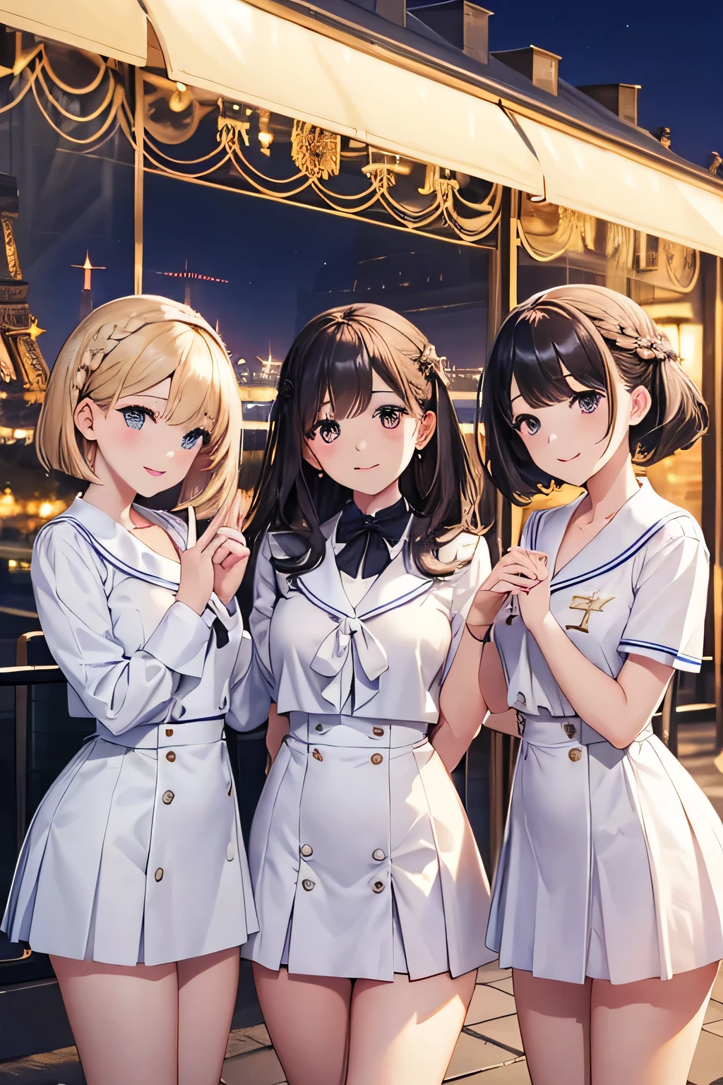 Highest quality、High resolution、Detailed Background、(Beautiful face in every detail:1.4)、Anatomically correct、(Normal number of fingers:1.2)、(Detailed eyes:1.2)、Teenage beauty、Highly detailed face、Perfect body line、Light color hair、Braided bob cut、Wavy Hairstyle、well-groomed eyebrows、cute gesture、cuteJK uniform、White Sailor Suit、Pleated mini skirt、White Stockings、Elegant atmosphere、A big smile、smile、
(Three beautiful girls enjoying sightseeing with the famous sights of Paris in the background:1.5)、
If you stop by the Louvre, you can see people admiring the Venus de Milo and the Mona Lisa.、In the evening, enjoy a cruise along the Seine and see the sights of Paris at dusk.、Enjoying the night view of Paris、Admiring the glamorous shop windows of the Champs-Élysées、cute