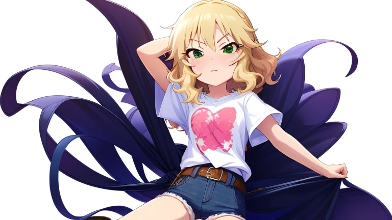 2D, anime, anime coloring, (solid white background:1.3) Sakurai Momoka, blonde hair, green eyes, short hair, blush, looking at viewer, wavy hair, t-shirt, white shirt, belt, denim shorts, shorts rolled, idle