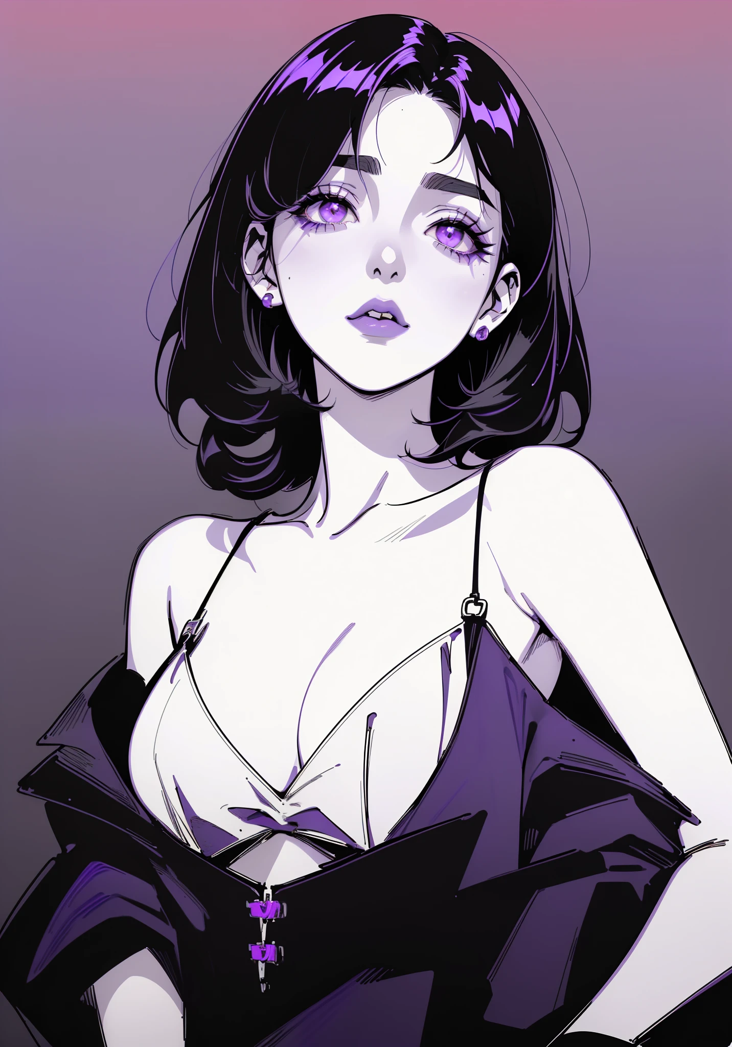 (best quality, sketch:1.2), dark monochrome background, anime,illustrator,anime,1 girl, detailed lips,sweater,custom, ( background dark),neon hair,textured cropping,Canadian, masterpiece, style retro classic, noir dark, art, sketch book, (bob hair purple:1.35, black:1.55), bad women 