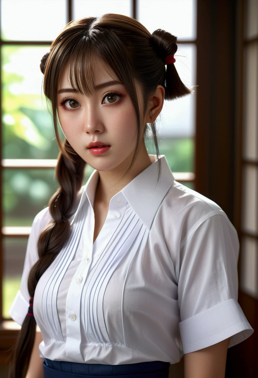 a beautiful japanese girl, 1girl, detailed eyes, detailed nose, detailed lips, long smooth twintails, white shirt, exposed cleavage, pleated skirt, big eyes, (best quality,4k,8k,highres,masterpiece:1.2),ultra-detailed,(realistic,photorealistic,photo-realistic:1.37),detailed portrait, delicate features, elegant, feminine, charming, 