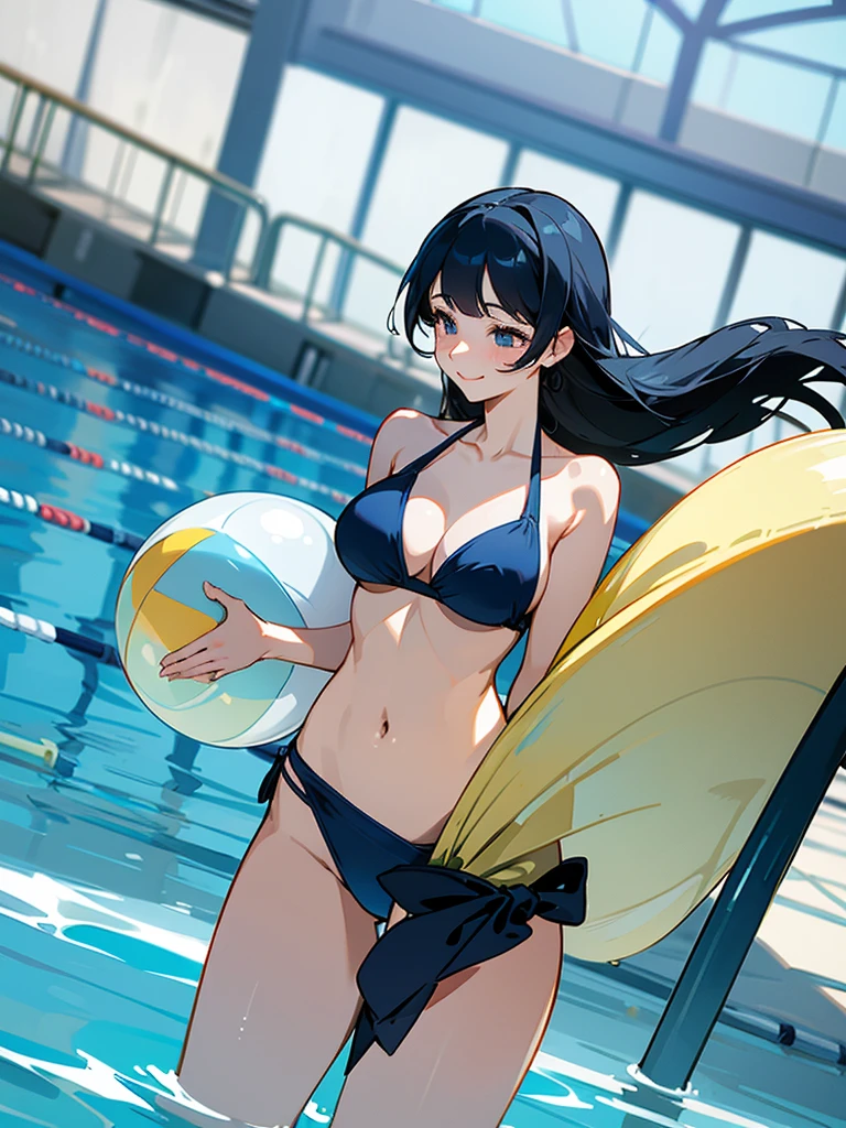 {best quality}、Indoor Pool Facilities、Long Black Hair、25Old woman、Beautiful breasts big breasts、Holding a beach ball in hand、openmouth、A fearless smile、Navy blue bikini with lots of fabric、cowboy shot、Low angle