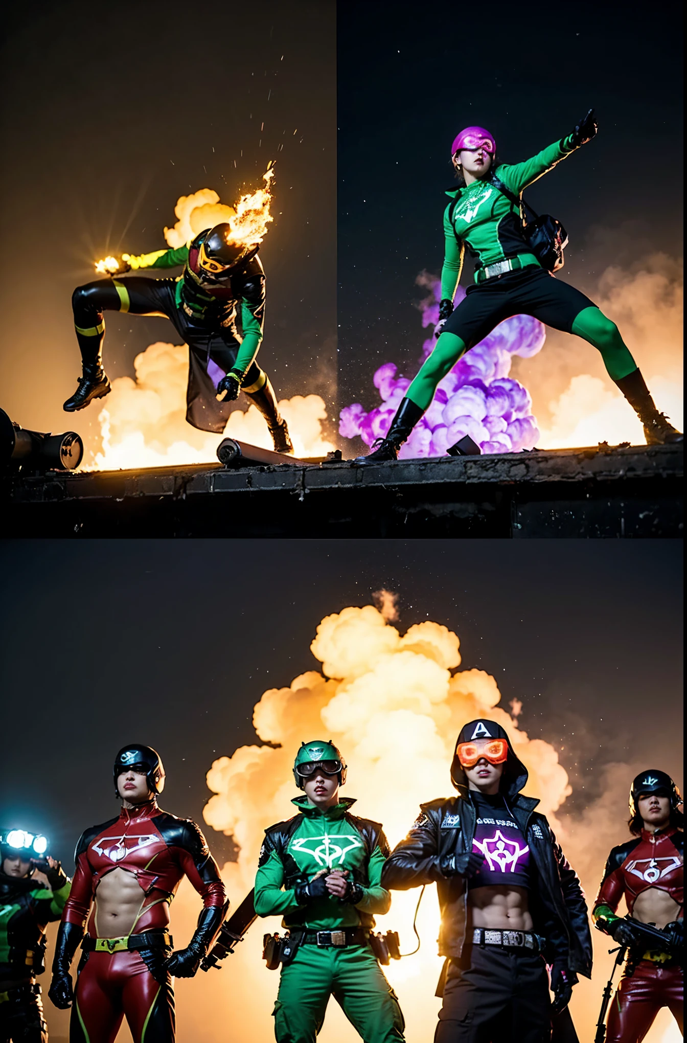 A brave and daring image of the six-man Ranger team, Each is decorated with the following vibrant colors:: neon pink, Sunset Orange, Fire engine red, plasma violet, Fluorescent Green, shocking yellow. A dynamic pose with a background that oozes energy and courage.。, Embodying the essence of the classic Sentai superhero team. Each Ranger&#39;s outfit is sleek and modern, Each color has elements that reflect its theme., Ready for action. ((camel toe))