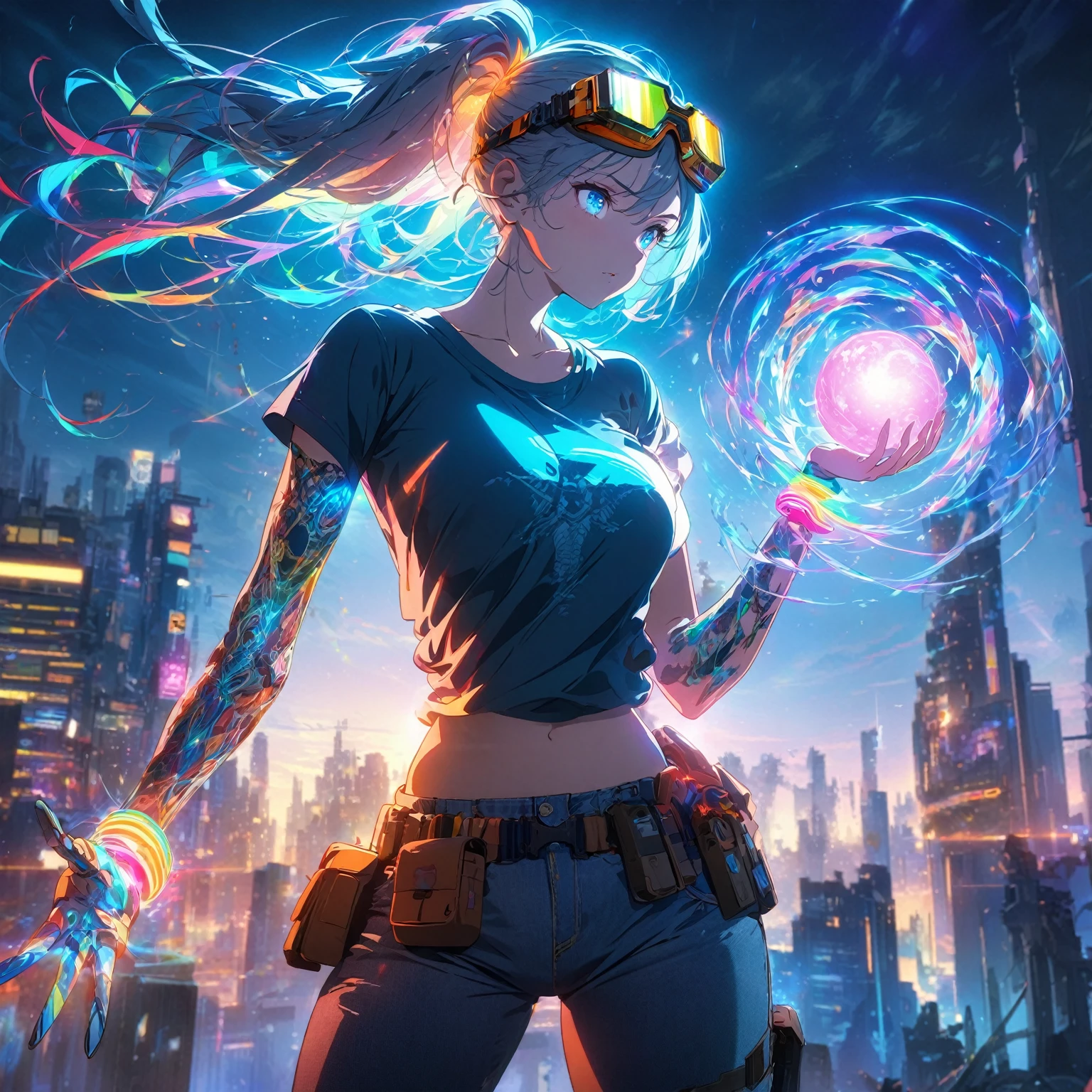  A girl with Lightcraft has a slender build, sparkling blue eyes, hair that shifts colors like a rainbow, skin with a faint luminescence, wearing a casual outfit of a fitted t-shirt and jeans, (nude:0.8), paired with intricate mechanical accessories like a glowing wristband, a utility belt with small, adjustable light projectors, and detailed, light-infused goggles, often surrounded by a soft, radiant aura, with shimmering light trails following her movements, striking a dynamic pose with one hand outstretched, creating a glowing orb of light, and the other hand resting on her hip, exuding confidence and control. The background features a futuristic cityscape at twilight, with glowing skyscrapers and neon lights reflecting off glass surfaces, blending seamlessly with the radiant aura around her and casting a warm, vibrant glow across the scene,detailed gorgeous face| anime style| key visual| intricate detail| highly detailed| breathtaking| vibrant| panoramic| cinematic| Carne Griffiths| Conrad Roset| gibbli 8k.