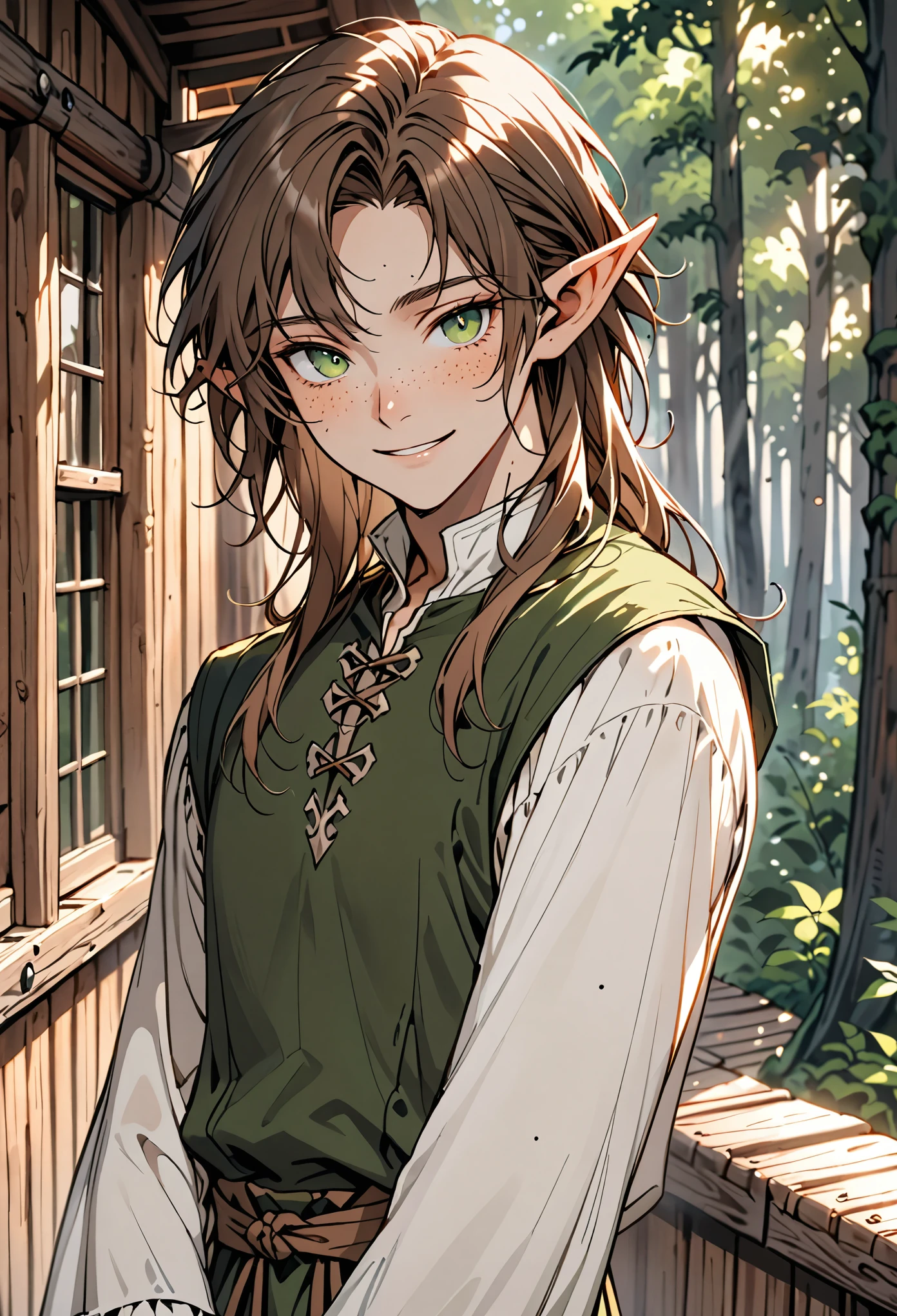 male, solo, slim waist, fit, very long luscious brown hair, freckles, green eyes, elf, light tan skin, clean shaven, blush, cabin deck, forest, simple medieval clothes, young, feminine male, wide smile, shy pose, white poet shirt, close up