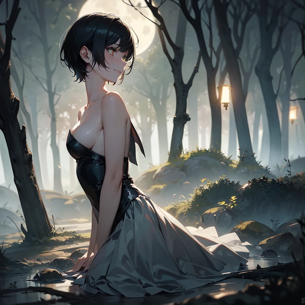 1 woman, little smile, black pixie cut hair, alternative haircut, pale skin, delicate feminine mouth, small amber eyes, magic mushrooms in the floor, witch costume, full moon in sky, dark forest backdrop, ethereal, moody lighting, cinematic, dramatic, fantasy, magic, occult, supernatural, hyper detailed, intricate, masterpiece, ultra-detailed, 8k, photorealistic, cinematic lighting, dramatic shadows