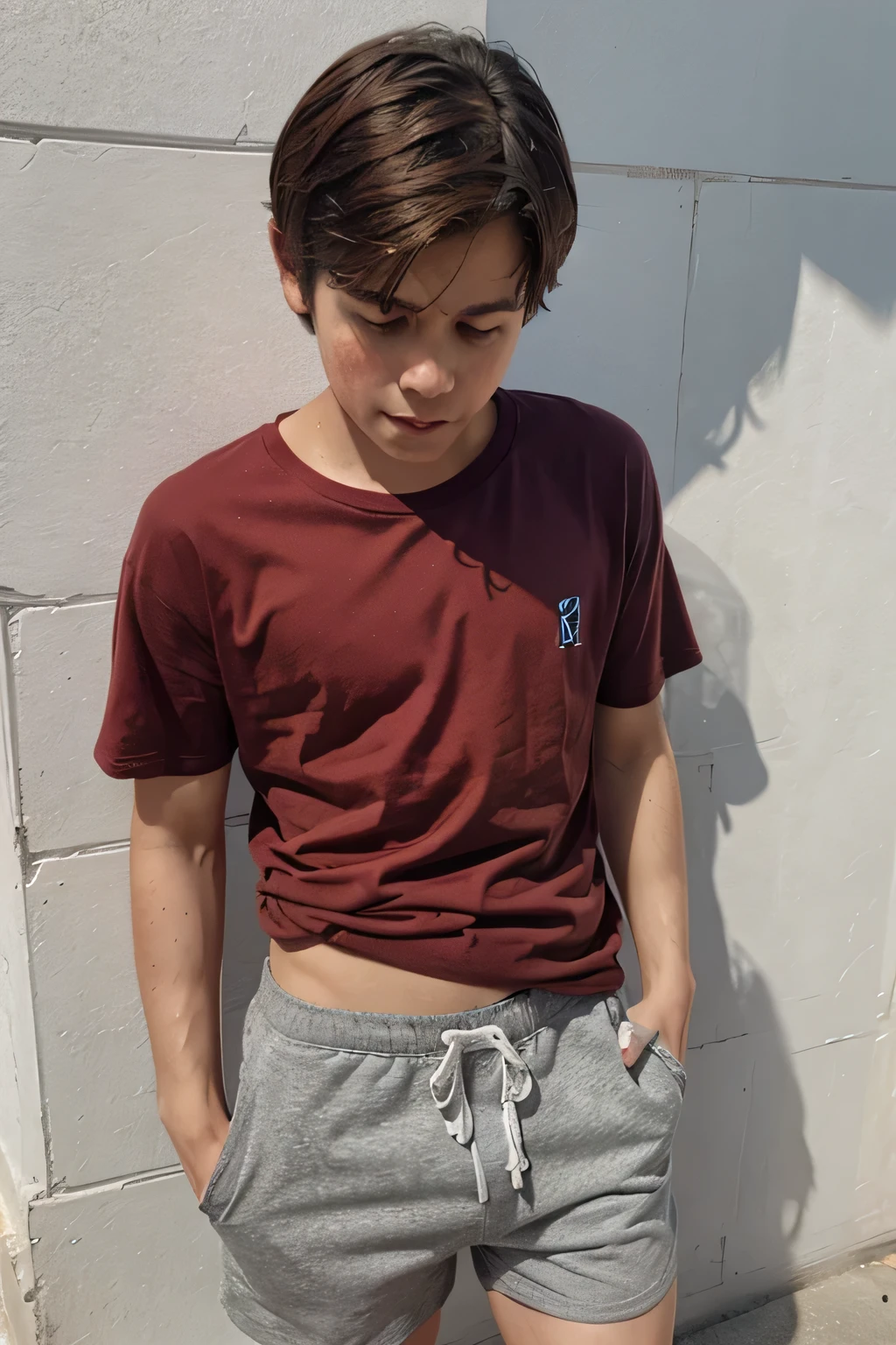 Boy in a sweaty T-shirt and shorts