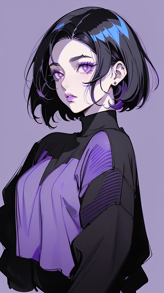 (best quality, sketch:1.2), dark monochrome background, anime,illustrator,anime,1 girl, detailed lips,sweater,custom, ( background dark),neon hair,textured cropping,Canadian, masterpiece, style retro classic, noir dark, art, sketch book, (bob hair purple:1.35, black:1.55), bad women