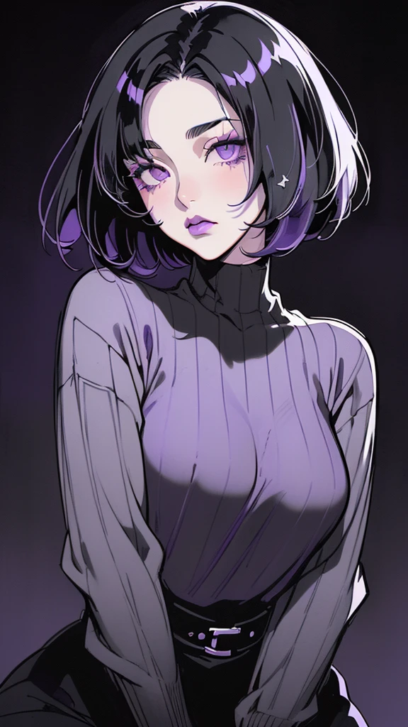 (best quality, sketch:1.2), dark monochrome background, anime,illustrator,anime,1 girl, detailed lips,sweater,custom, ( background dark),neon hair,textured cropping,Canadian, masterpiece, style retro classic, noir dark, art, sketch book, (bob hair purple:1.35, black:1.55), bad women 