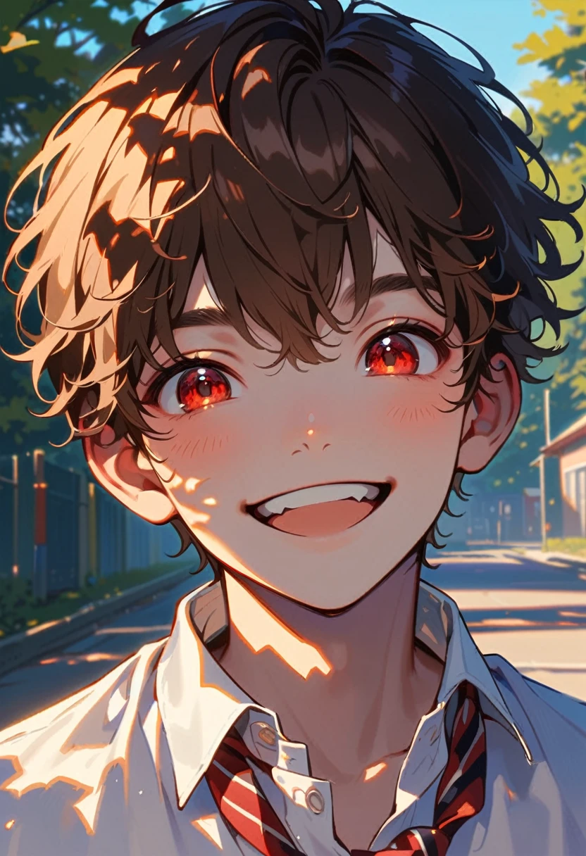 a boy, short brown hair, red eyes, wearing white shirt, red striped tie, smiling happily, pale skin, schoolyard background, sunlight, high quality, headshot