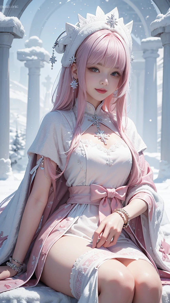 masterpiece,Best image quality,Ultra-high resolution,8K resolution,sit,Alone,woman,Smile,White hair,Pink Hair,Cross Bangs,Bob,bracelet,collar,period,Lolita clothing,snowflake,Winters,temple,new year,Opal Rendering,light,(飘落的snowflake,cloak),