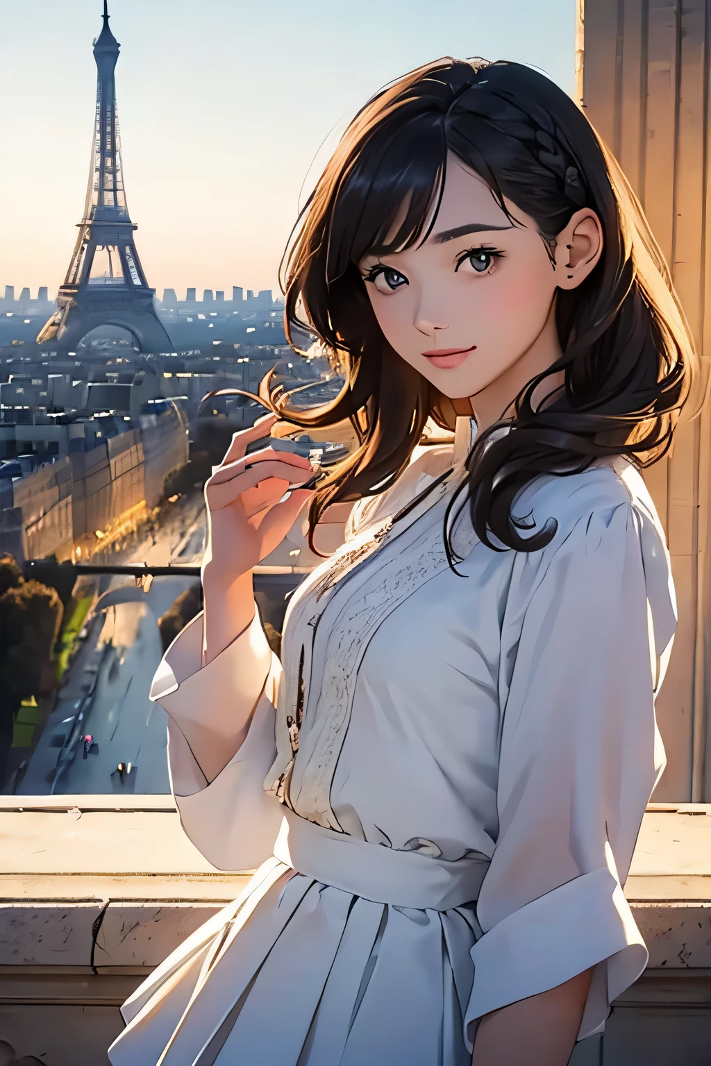 Highest quality、High resolution、Detailed Background、(Beautiful face in every detail:1.4)、Anatomically correct、(Normal number of fingers:1.2)、(Detailed eyes:1.2)、Teenage beauty、Highly detailed face、Perfect body line、Light color hair、Braided bob cut、Wavy Hairstyle、well-groomed eyebrows、cuteJK uniform、Pleated mini skirt、White Stockings、Elegant atmosphere、A big smile、smile、cute gesture、
(Beautiful girls enjoying sightseeing with famous Parisian sights in the background:1.5)、
If you stop by the Louvre, you can see people admiring the Venus de Milo and the Mona Lisa.、In the evening, enjoy a cruise along the Seine and see the sights of Paris at dusk.、Enjoying the night view of Paris、Palace of Versailles、Notre Dame Cathedral、Arc de Triomphe、Orsay Museum、Montmartre、Opera Garnier、cute
