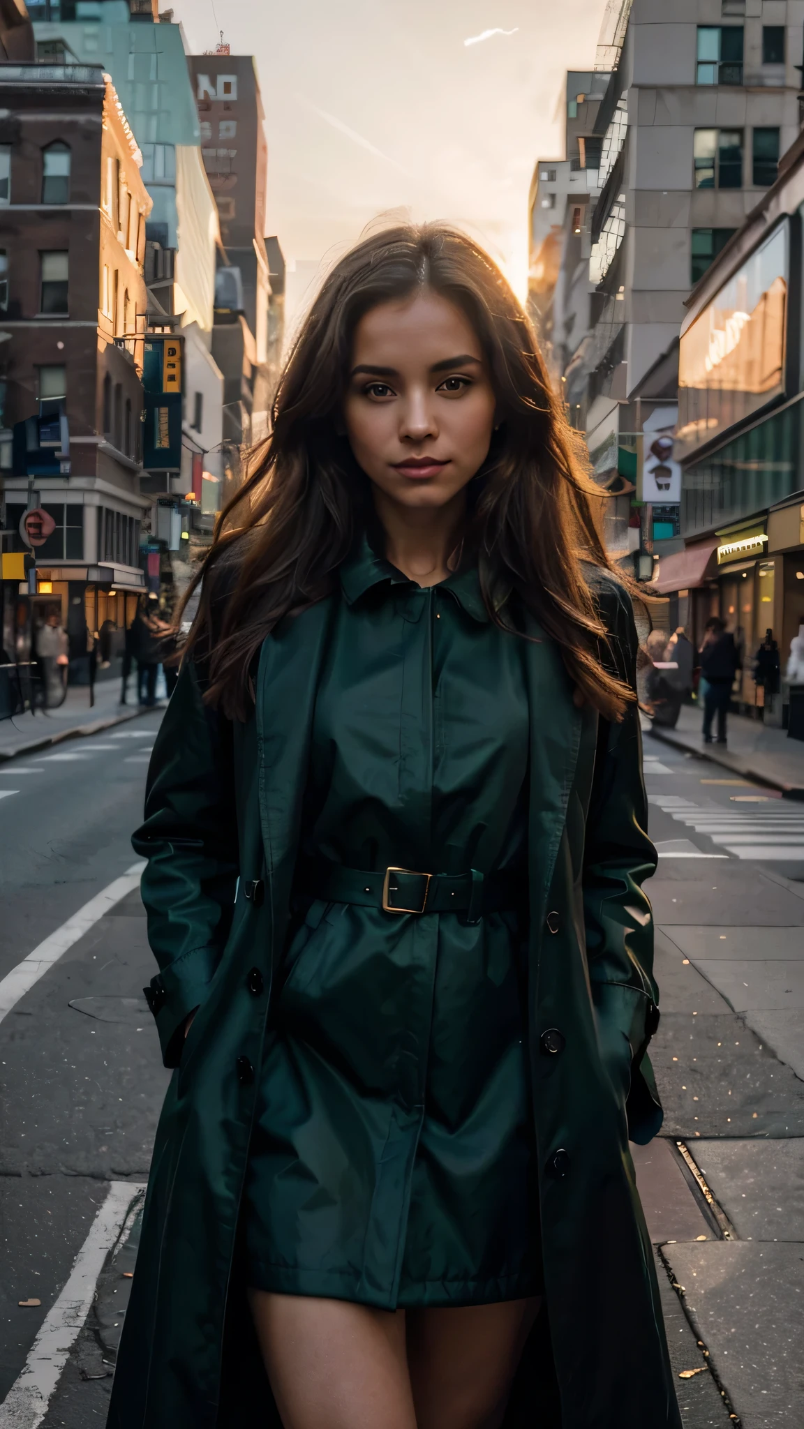 A woman, wearing a dark green coat, on the streets of Manhattan, with the golden hue of the sunset behind her. (best quality,4k,photography), detailed coat, bustling urban atmosphere, vibrant colors, evening light