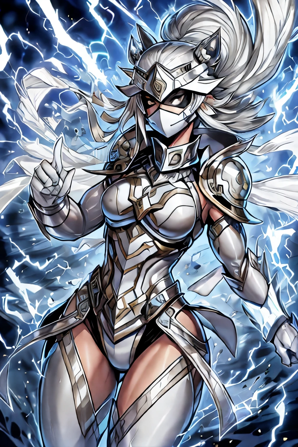 Silver female masked warrior overflowing thunder lightning power 