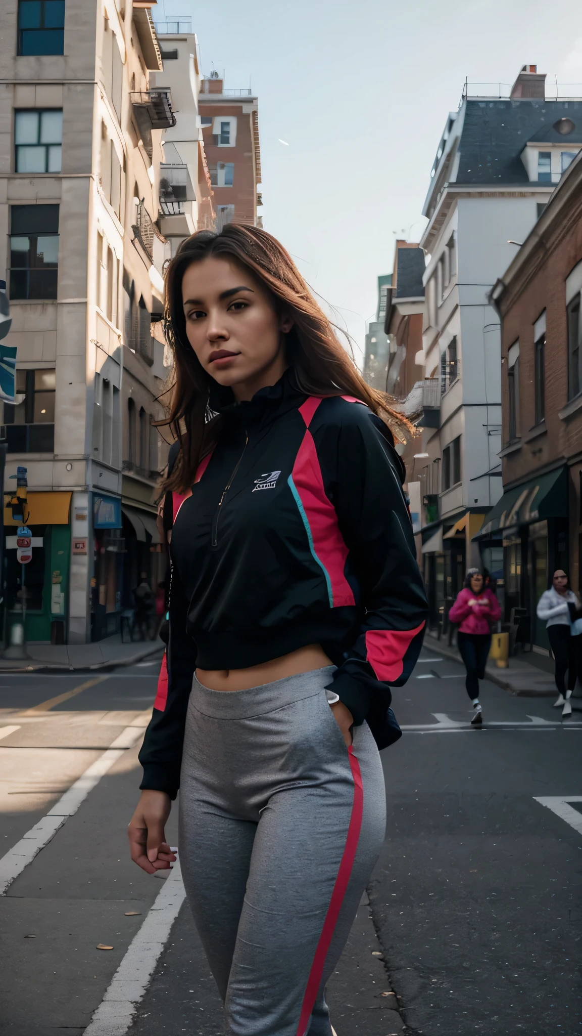A woman, wearing a sport suit on the street workout, (best quality,4k,photography), detailed coat, bustling urban atmosphere, vibrant colors, morning light
